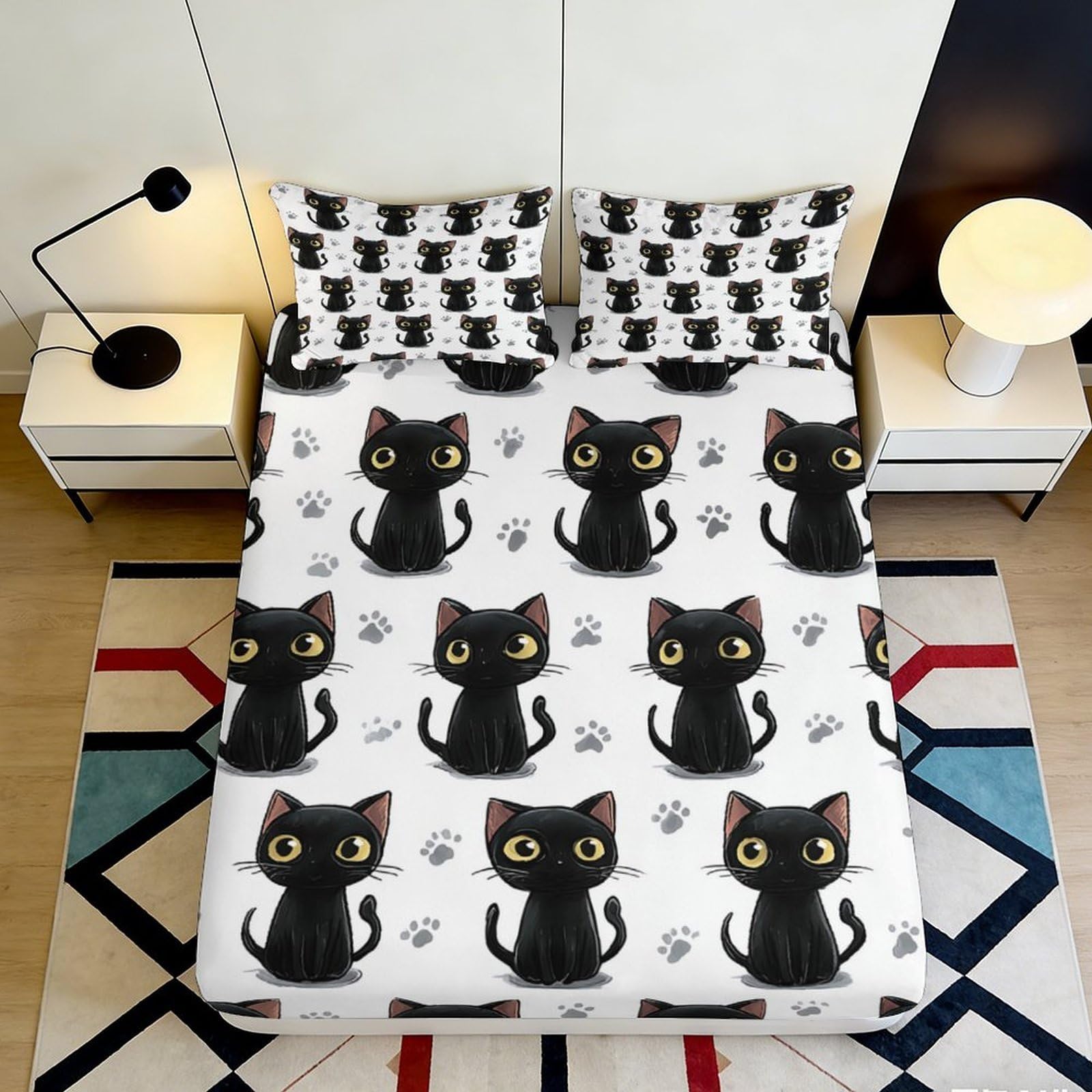 3D Printed Black Cat Pattern Fitted Sheet Microfiber Soft Breathable Cute Kitten Mattress Cover for Bedroom Dormitory Guest Room Mattress Protection 180x200x25cm