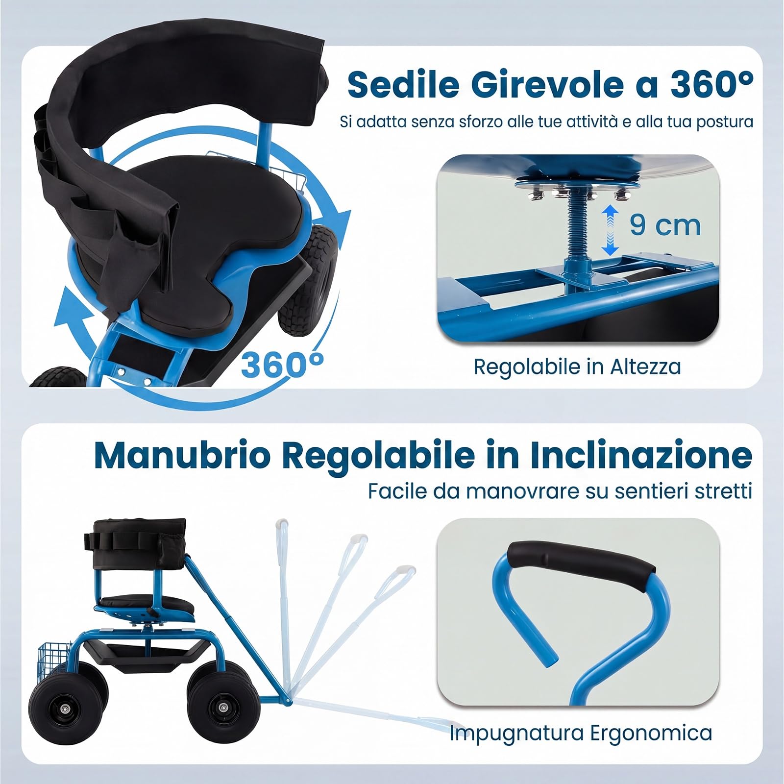 COSTWAY Carrello da Giardino, Sgabello con Ruote Girevole a 360°, Cuscino Imbottito, Schienale, Cestino, Tasca e Vassoio Porta Attrezzi, Carriola da Giardino e Cortile, 96 x 46 x 78-87 cm (Blu)