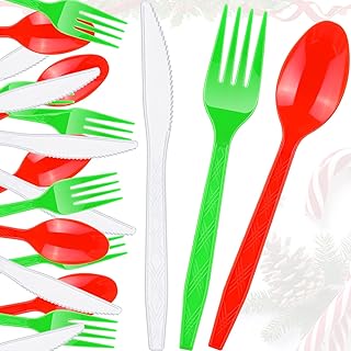Honeydak 60 Pieces Christmas Disposable Cutlery Colored Plastic Cutlery Set Red Green White Plastic Flatware Plastic Fork and Spoon Knives Plastic Cutlery Utensils for Christmas Dinner Party Supplies