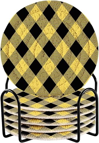 Coasters and Holder Set of 6 Coasters for Cups Table Coasters Porta Vasos para Mesas Argyle Plaid Yellow Black