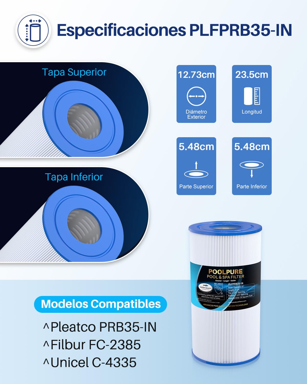 POOLPURE Filtro de SPA para reemplazar Pleatco PRB35-IN Unicel C-4335 FC-2385, 35 pies Cuadrados, Pentair R173431, Waterway 817-3501, Dynamic 03FIL1300, 5 x 9 Filtro de SPA