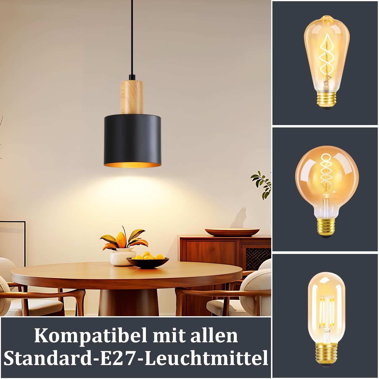 Retro Lampa Wisząca E27 Czarna - Podwieszany Wiszący żyrandol do Stółu jadalni sypialni Kuchni Wyspy, bez Żarówki