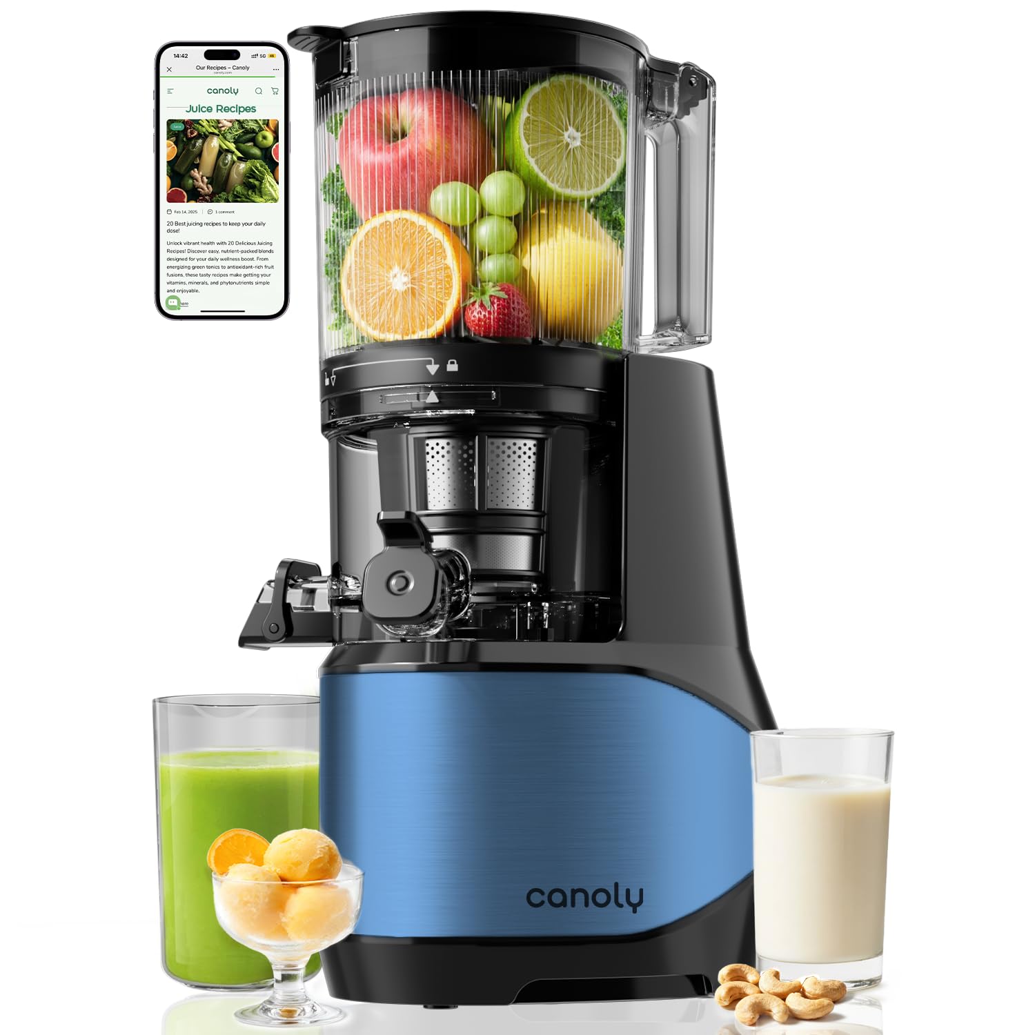 Photo 1 of Canoly C09 Cold Press Juicer, 6" Extra Wide Feed Chute, 3-IN-1 Strainers (Juice & Sorbet & Nut Milk), Powerful AC Brushless Motor, Self Precut System, Juicer Machines with BPA-Free (Blue)