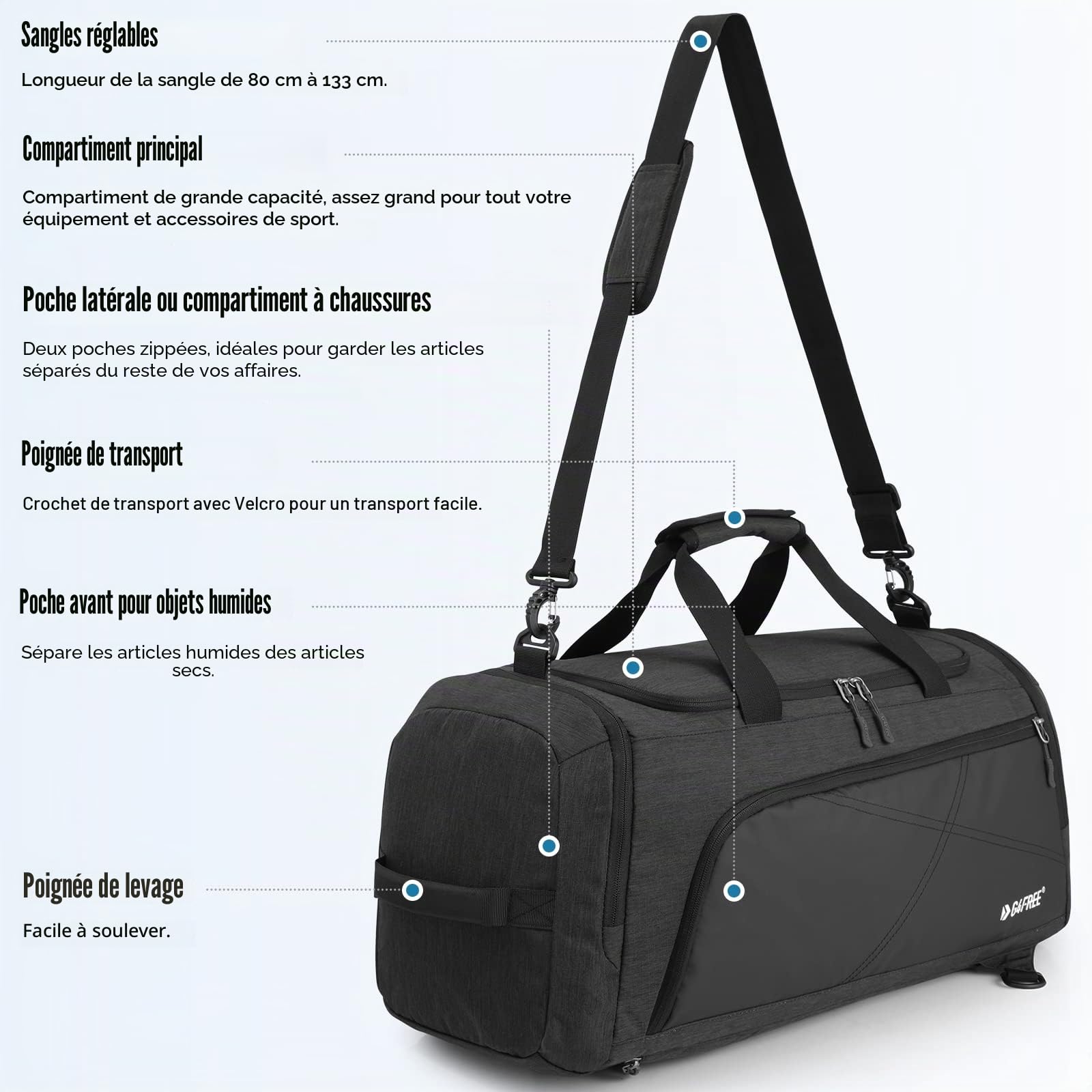 G4Free 45L/60L Sac de Sport et de Voyage pour Hommes et Femmes/avec Compartiment à Chaussures et Compartiment Humide pour l'École, Le Sport, la Remise en Forme et Les Voyages