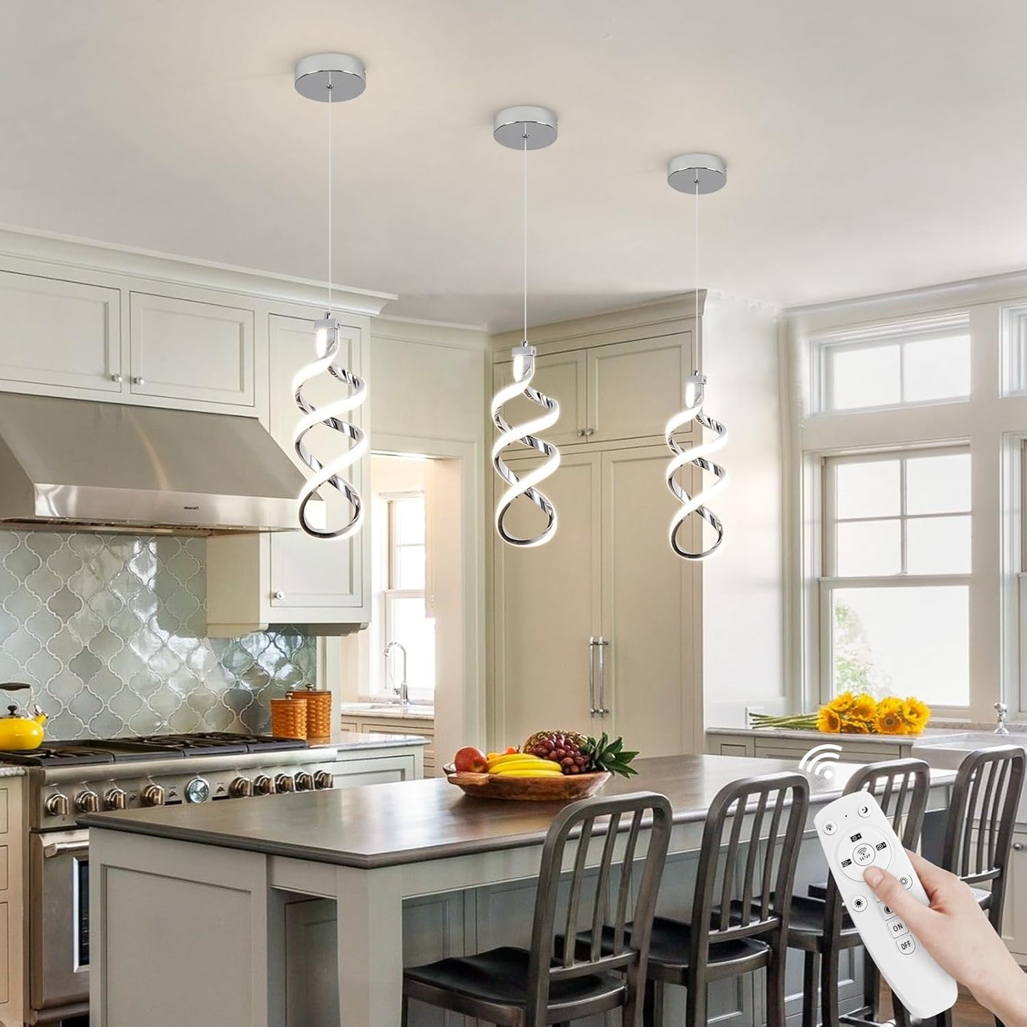 Modern Led Pendant Light Fixture, 15W Chrome Spiral Led Chandelier Hanging Lamp, 3000K-6000K, Dimmable Pendant Lamp, Adjustable Height Pendant Light for Kitchen Island Dining Room Bedroom Cafe