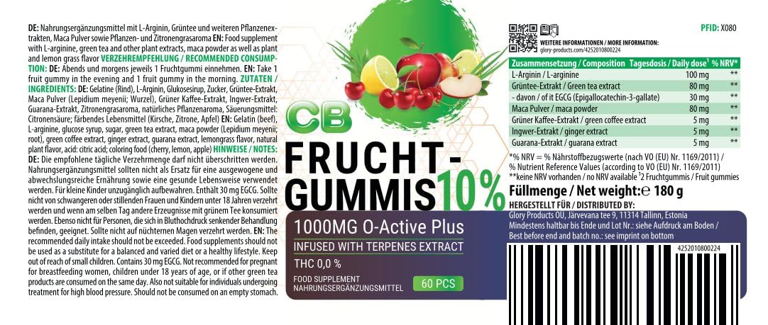 FRUCHTGUMMIS | mit L-Arginin, Grüntee und weiteren Pflanzenextrakten | für Männer & Frauen | Inhalt 60 Gummies
