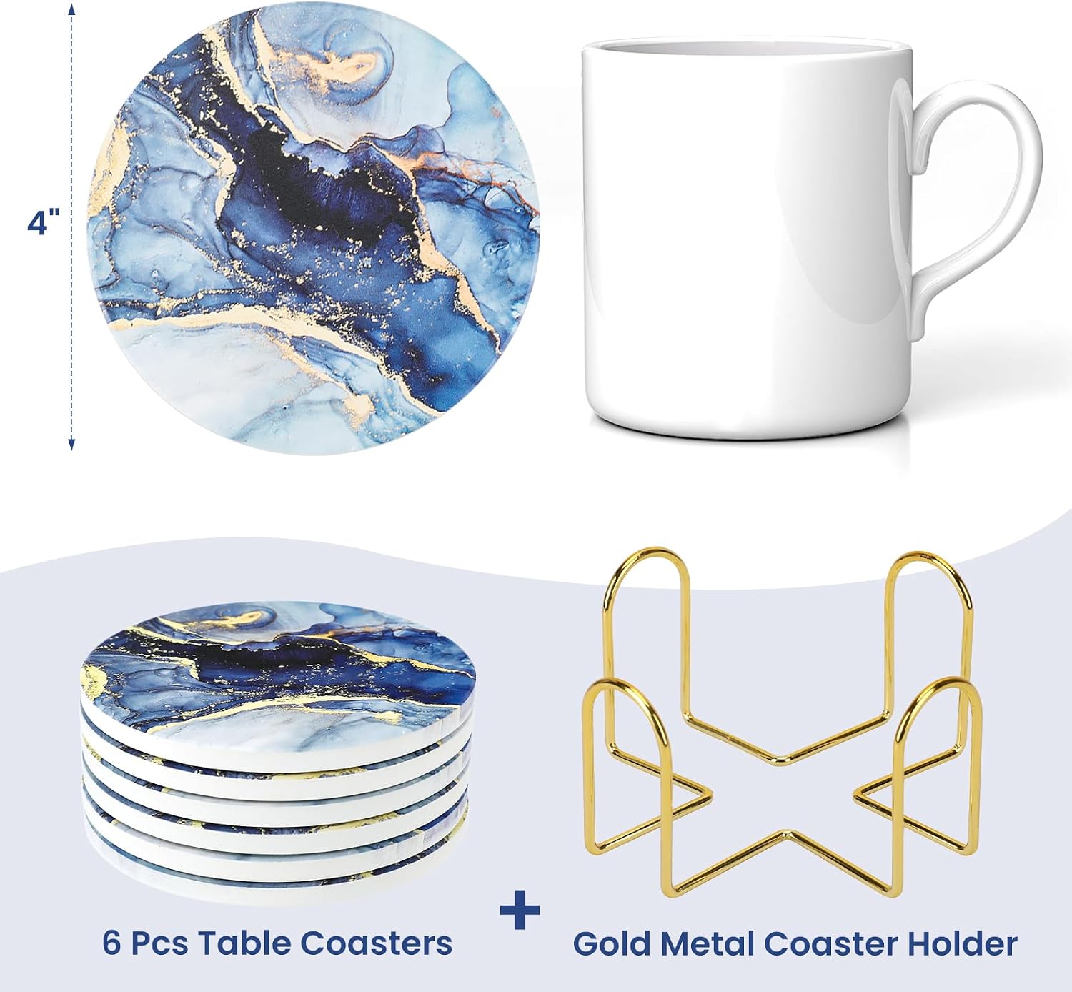 Navy Blue Coasters for Drinks Set of 6 with Holder, Absorbent Marble Ceramic Stone, Coffee Table Décor, Decorative Cup Coasters for Kitchen and Living Room, Accessories for Coffee.