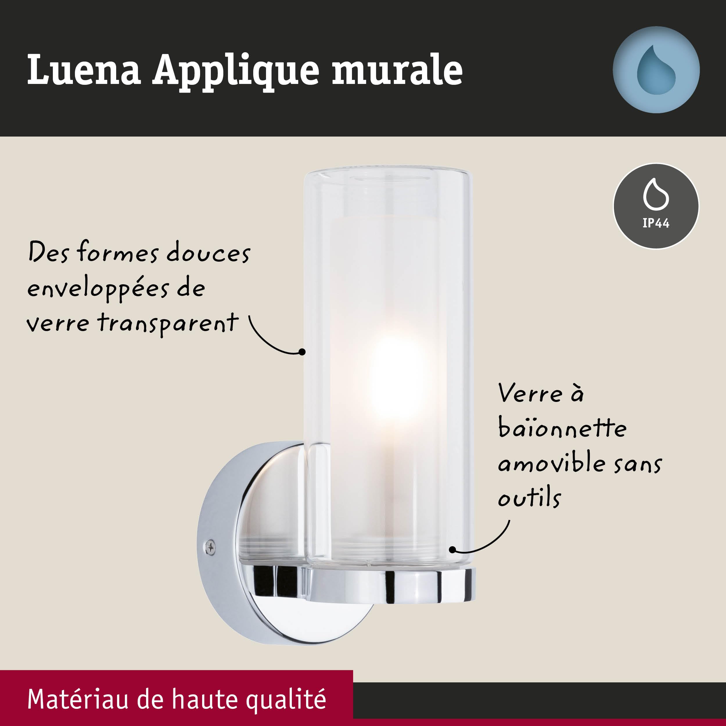 Paulmann 71076 Applique Selection Bathroom Luena IP44 E14 230V max. 20W gradable Chrome, Verre luminaire de salle de bain une flamme