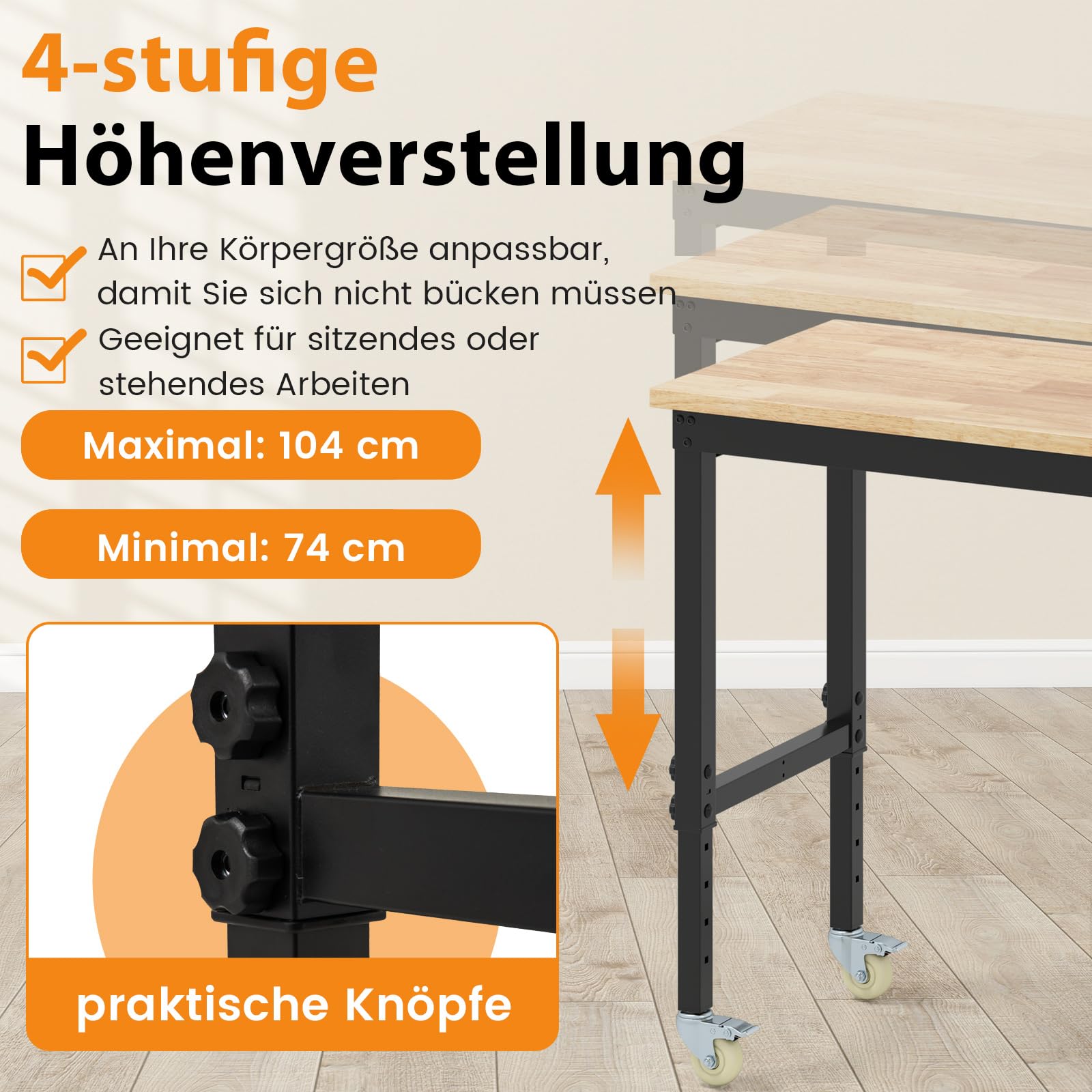 COSTWAY Verstellbare Werkbank mit Rollen, Werkstatt Arbeitstisch aus Gummi Holz mit 2 Lochplatten & Metallrahmen, 1100 kg Tragkaft, Werkbanktisch Werkzeugtisch mit 122cm Arbeitsfläche für Garage Büro