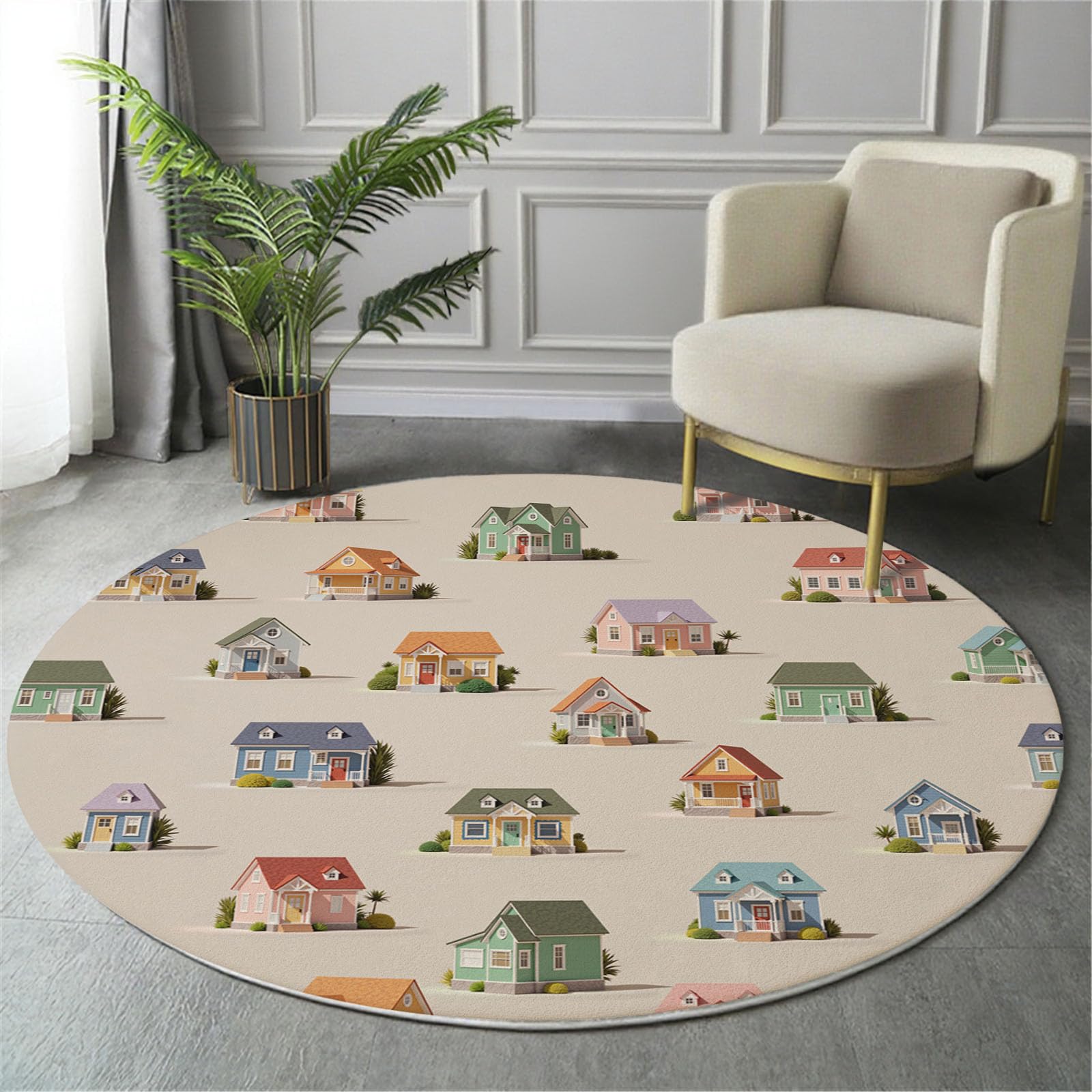 Tappeto Rotondo per Bambini, Morbido Costruzione Di Una Piccola Casa Cartone Animato Antiscivolo Grande Tappetino da Gioco, per Cameretta dei Bambini in Finta Cashmere, (Beige chiaro, 100cm )