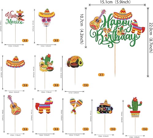 Miniatura 2 de Paquete de 41 decoraciones para tartas de fiesta de cumpleaños con guitarra, cactus y burro, palillos de pimienta para fiesta mexicana, temática de