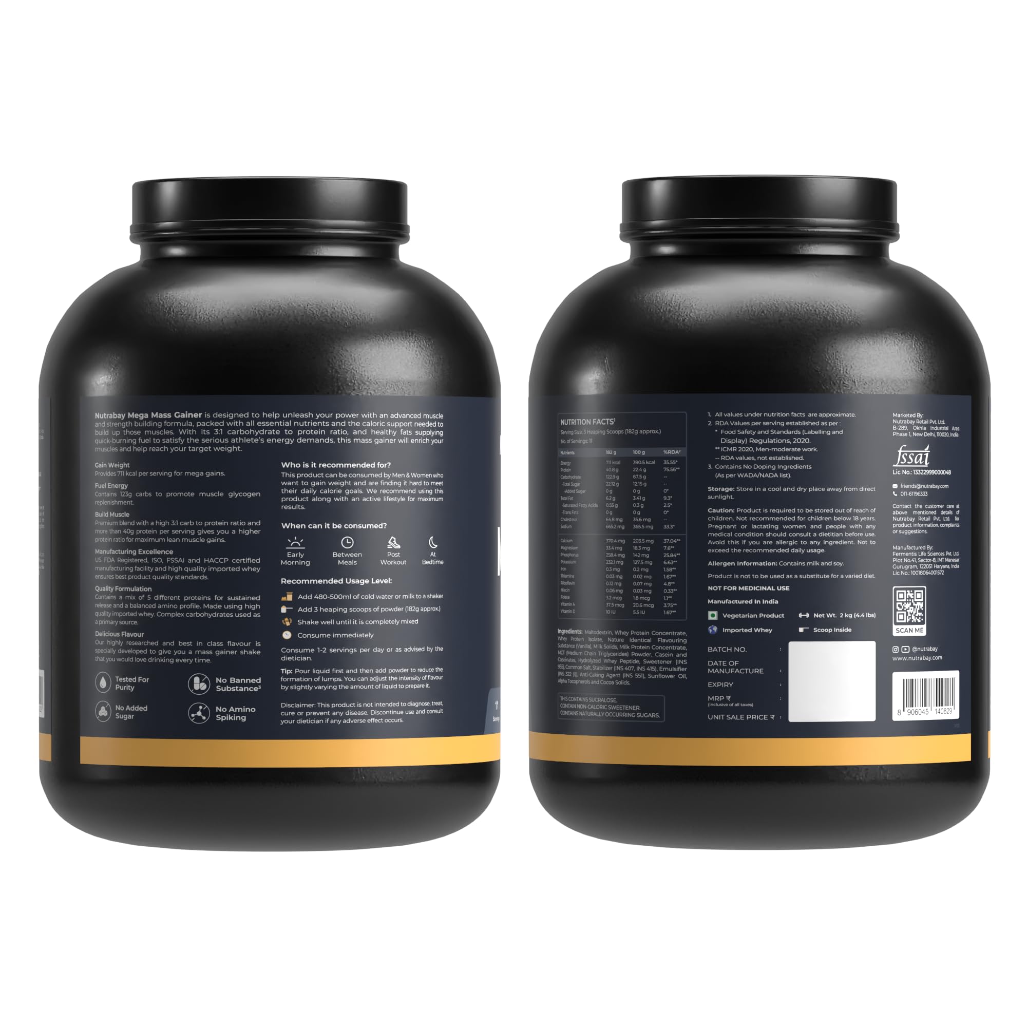 Nutrabay Gold Mega Mass Gainer Powder - 2kg, Vanilla Ice Cream | 100% Veg | 40.8g Protein, 123g Carbs, 711 Calories | Muscle Building & Weight Gainer Supplement for Men & Women