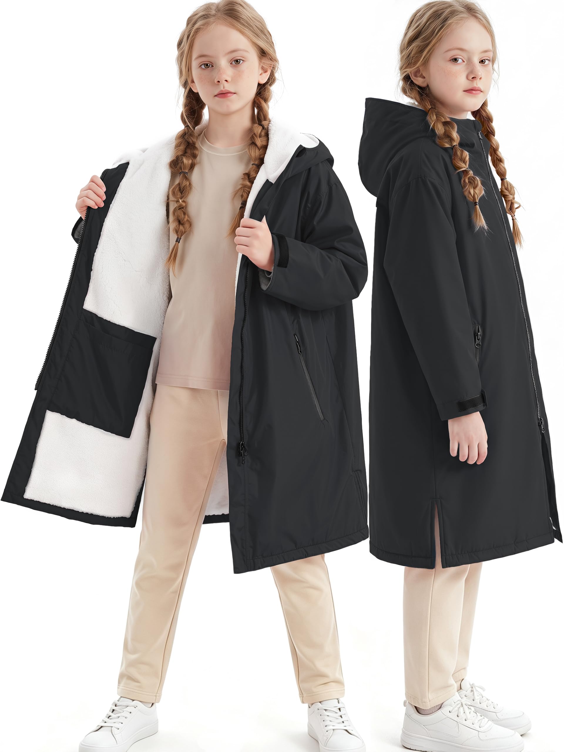 Swim Parka Kids Windproof Sherpa-Lined Unisex Youth Coat Robe Warm Jacket | Waterproof Fleece Lined Swimmers Parka,Swimming Oversized Changing robe for kid,Fits Girls Boys Heights 3'7''-5'8'',Quick-dry