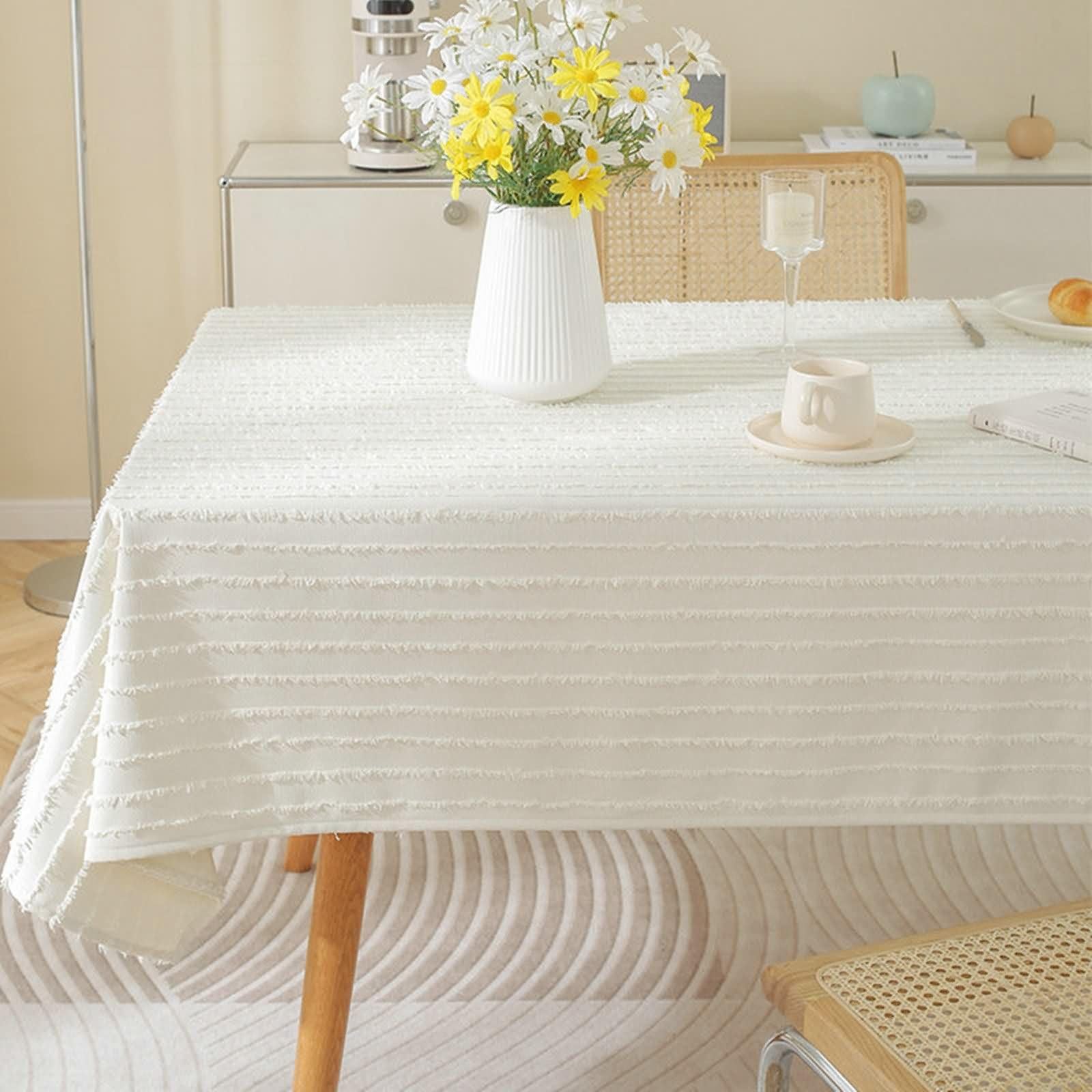 Mantel Rectangular Blanco Mesa Exterior, Color Sólido con Rayas, de Algodón y Lino Elegante, 135 x 220 cm, Mantel para Salón y Comedor