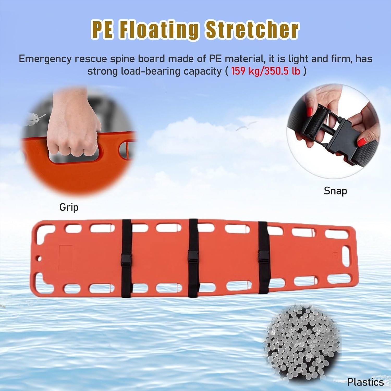 Floating Life-Saving Stretcher Spine Board, Waterproof PE Water Rescue Boards, First Responder Back Board
