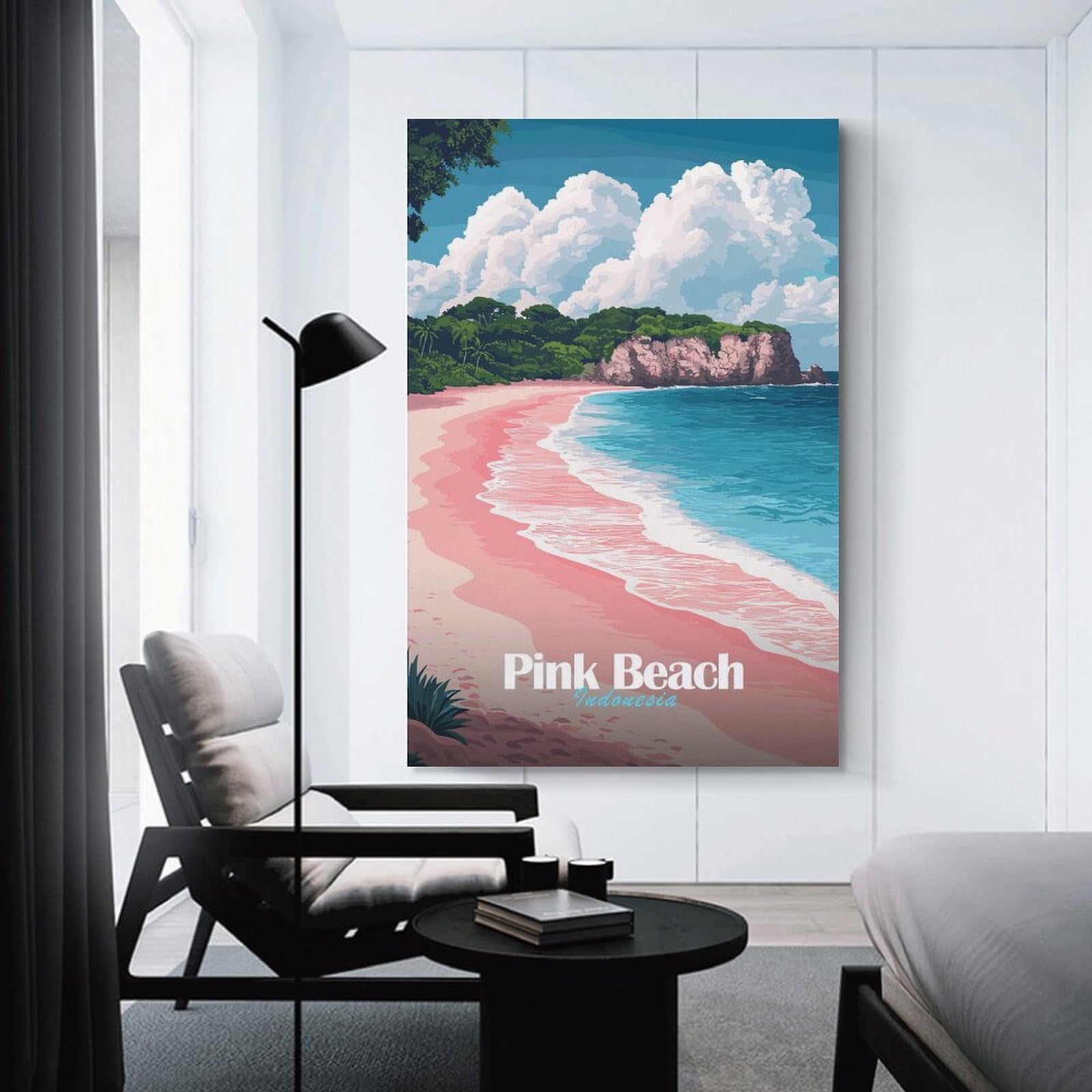 Junmoney Wall Art Print Pink Beach Indonesia, 20x30inch(50x75cm), for Home Lounge, Bedroom Or Reading Nook, Canvas Styling for A Polished Room Look