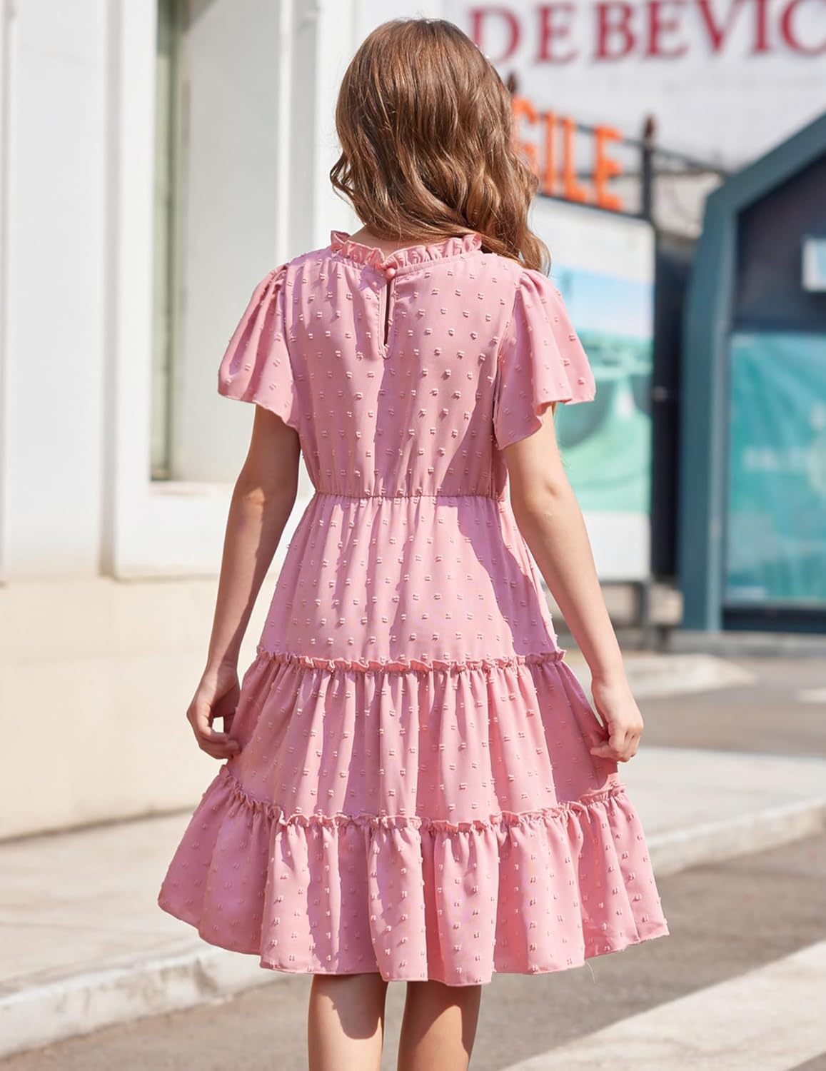 Arshiner Girls Dresses Summer Ruffle Sleeve Swiss Dot V Neck Twirl Birthday Party Midi Dress with Pockets - Image 7