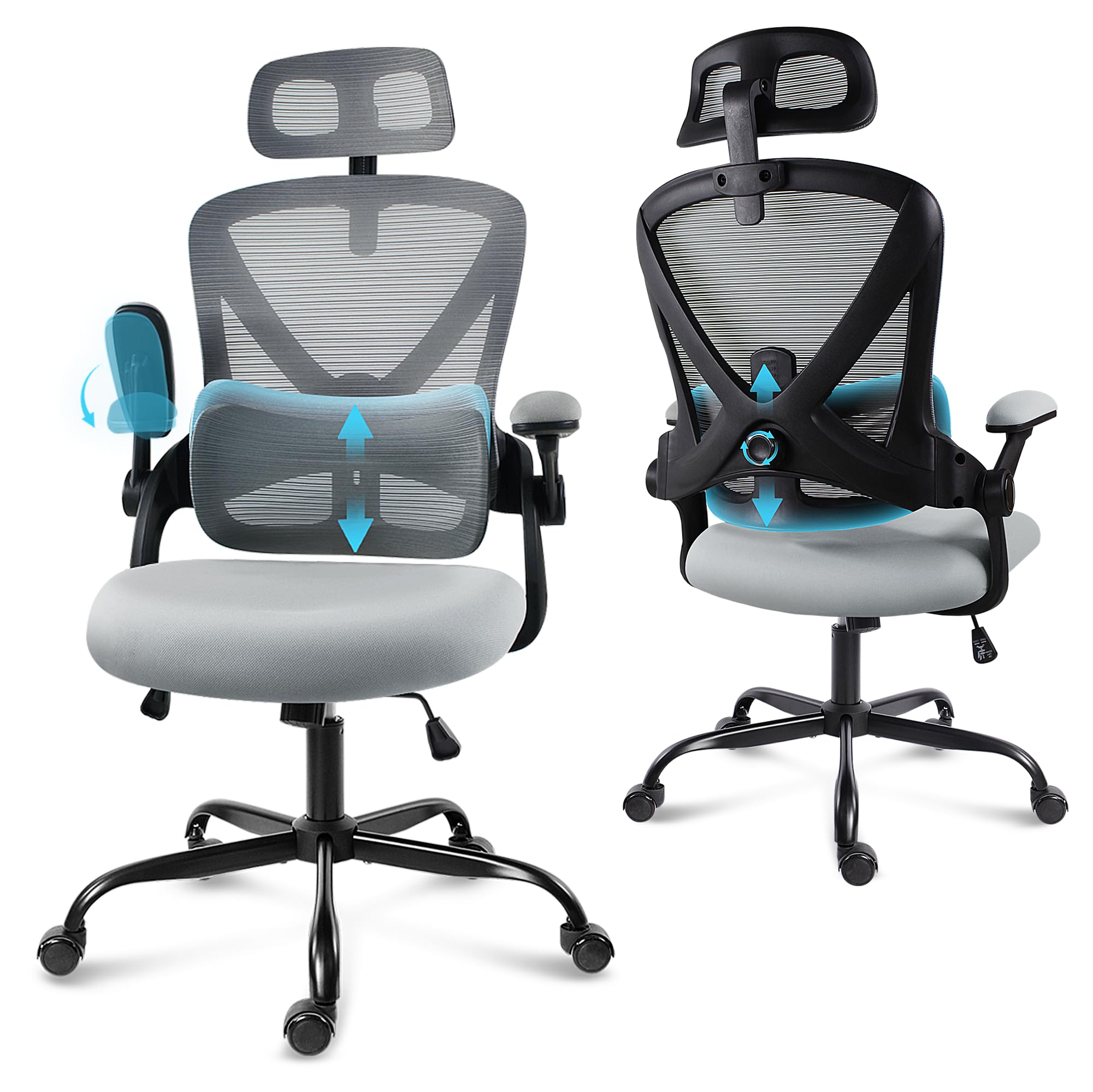 GGCIR Ergonomic Office Chair, Mesh Desk Chair with Padded 3D Armrests Adjustable Lumbar Support and Headrest, High Back Swivel Computer Chairs for Home Office Study Game(Grey)