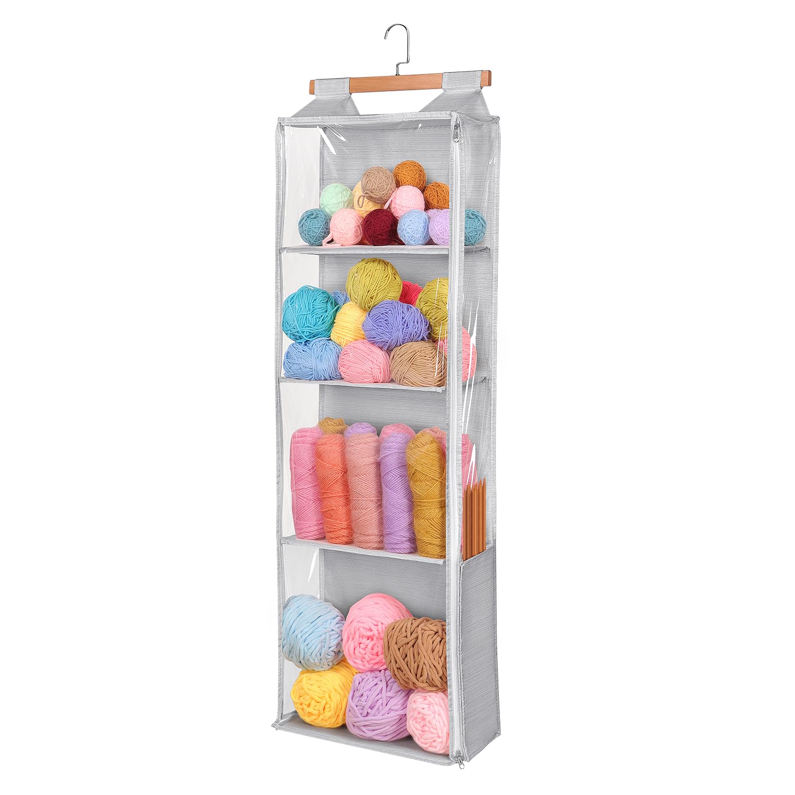 Univivi Hanging Yarn Storage Organizer with 4 Large Clear Pockets, Clear Knitting Storage Organizer with Two-way Zipper, Over the Door Hanging Yarn Holder for Crochet Lovers (Grey)
