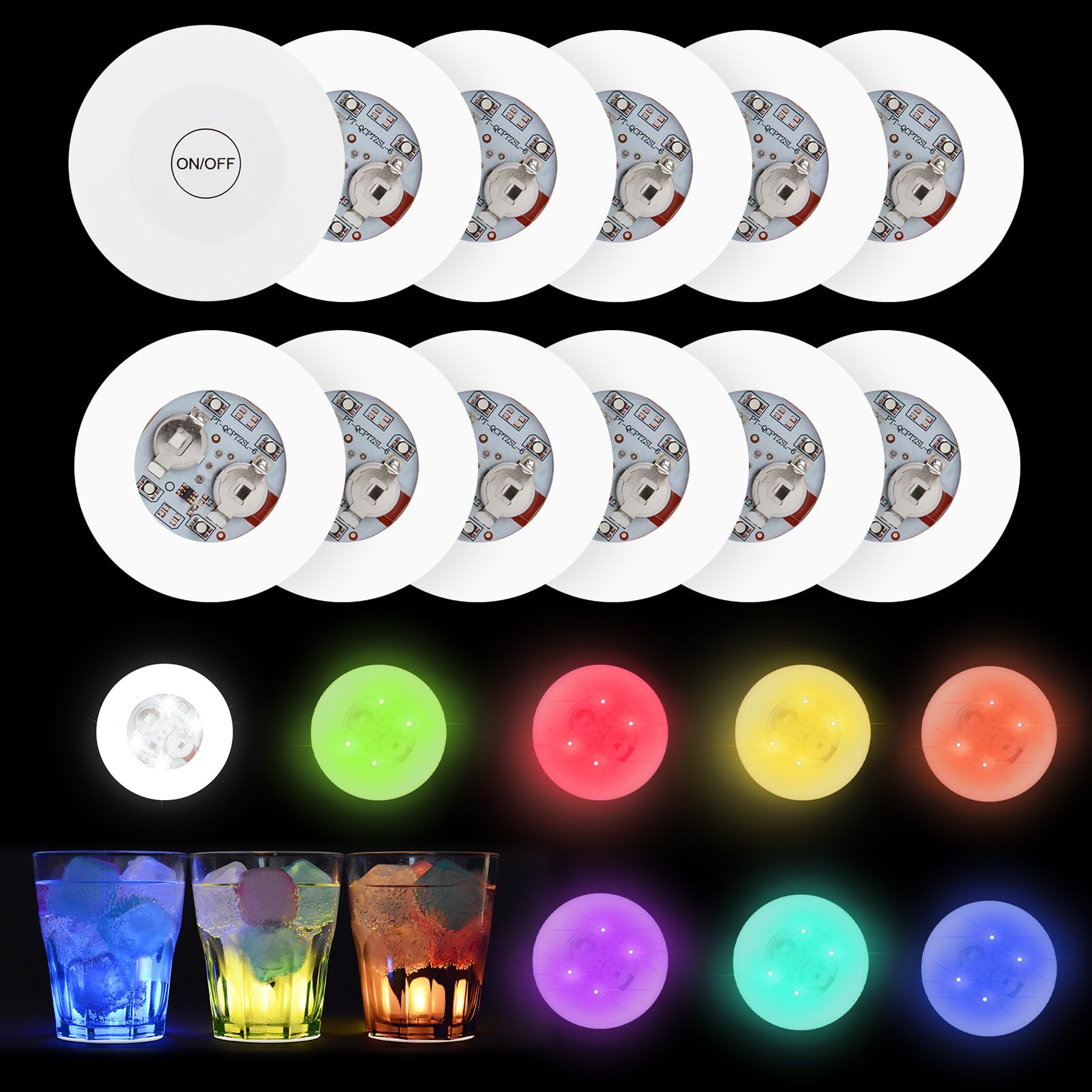 12 Pegatinas LED de Ambiente para Botellas y Tazas, Posavasos LED 6luz de Colores y 6luz Blancas Frías, Luces Autoadhesivas para Fiestas Bar, 6cm