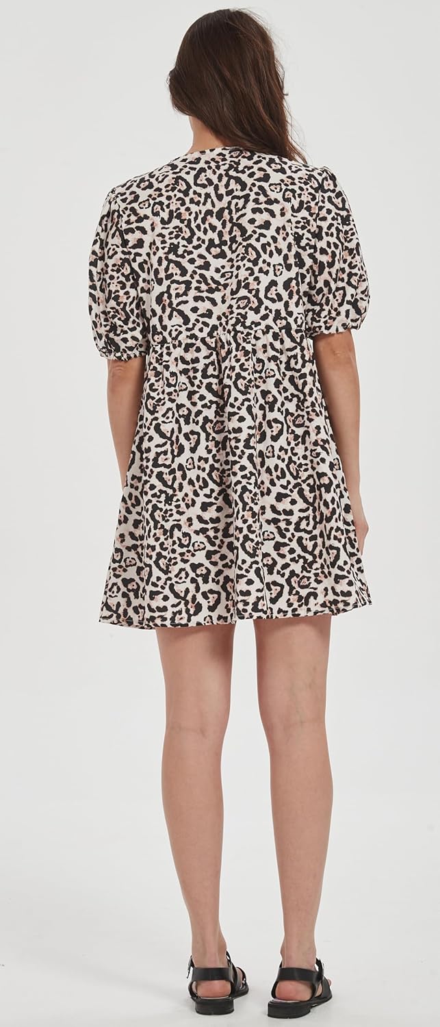 Women Casual Summer Puff Sleeve Mini Dress Bow Tie Front Y2K Babydoll Cut High Waist Peplum Dress - Image 5