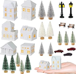GW Box 29 Pcs 1.5 Inch Christmas Miniature Houses Figurines Snow Village Houses Mini Tree Miniature Christmas Town Set for White Winter Traditional Christmas Decor