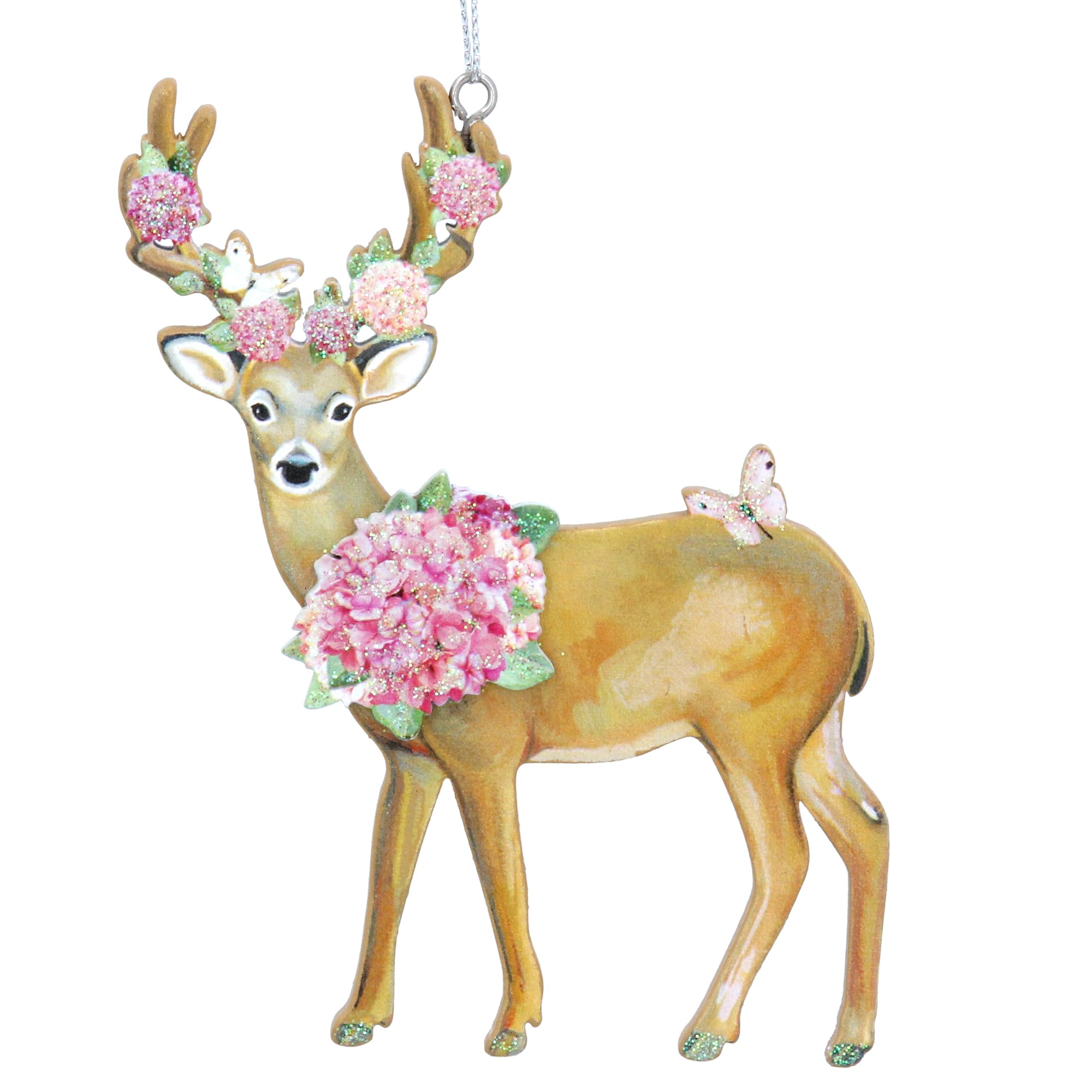 Gisela Graham Pink/White Hydrangea Wooden Stag And Decoration 11 Centimetre
