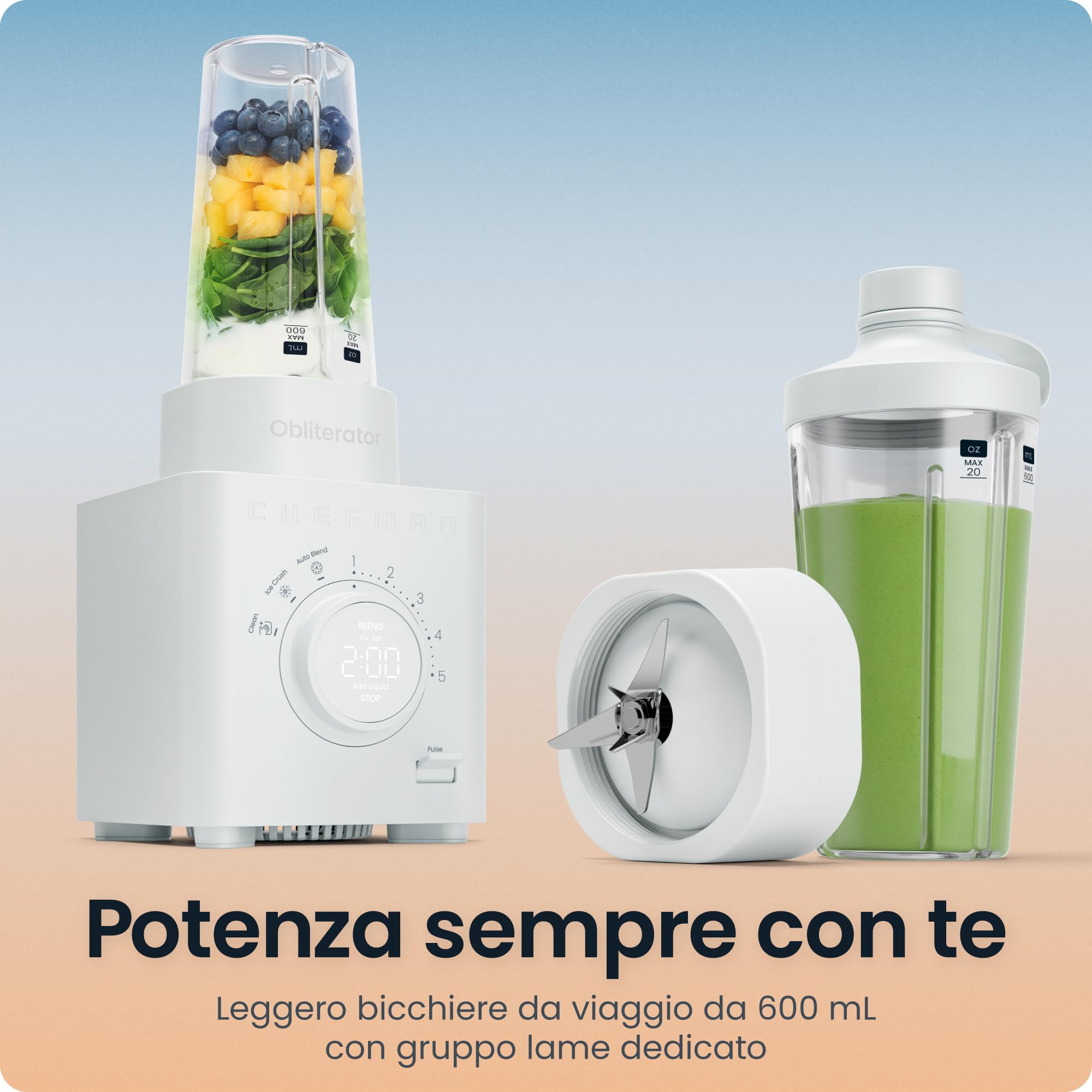 Chefman Obliterator 1.2L 1350W Frullatore Smoothie, Trita Ghiaccio, Noci e Frutta Congelata, Lama in Acciaio Inox, Funzione Auto Mix, Con Barattolo da Viaggio da 600ml – Grigio Cemento