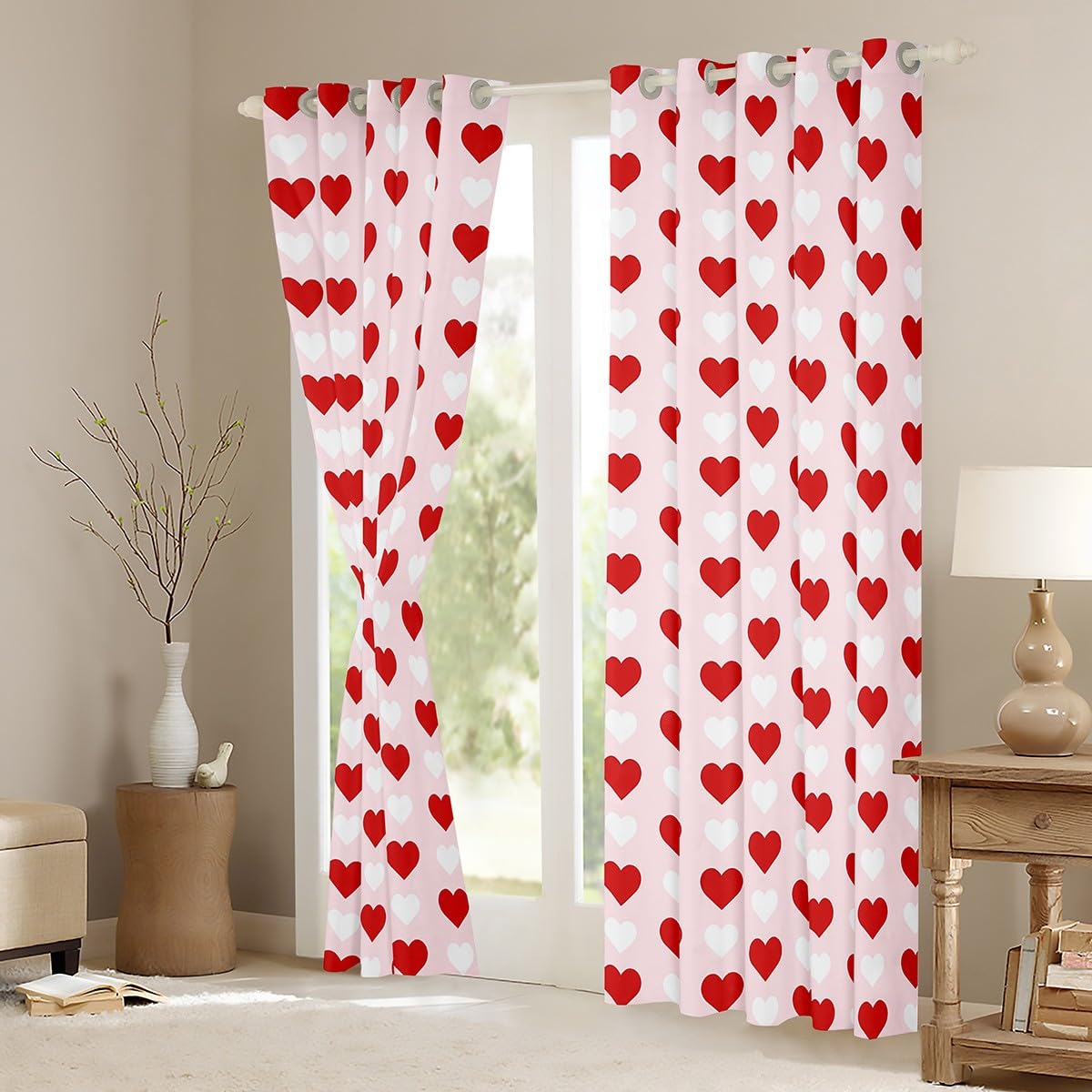 Homemissing Love Heart Blackout Curtains for Kids, Red White Darkening Drapes With Cute Pattern for Valentine's Day (2 Panels - Image 3