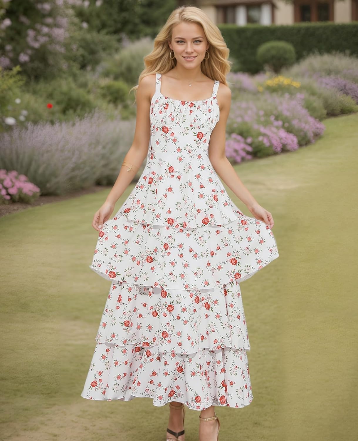 Tiered Ruffle Dress Women Casual Summer Spaghetti Strap Sleeveless Floral Layered Maxi Dress for Women Beach Sundress - Image 3