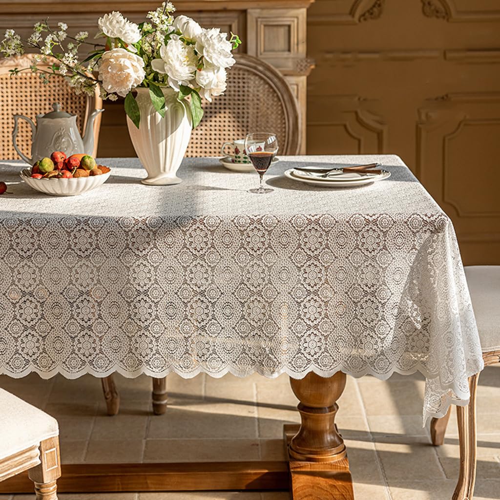 HASTHIP® Lace Dining Table Cover Cloth - 55 x 78 inch Floral Print Waterproof and Dustproof Wipeable Table Protector for 4 to 6 Seater for Kitchen and Dining Room - White-image-11