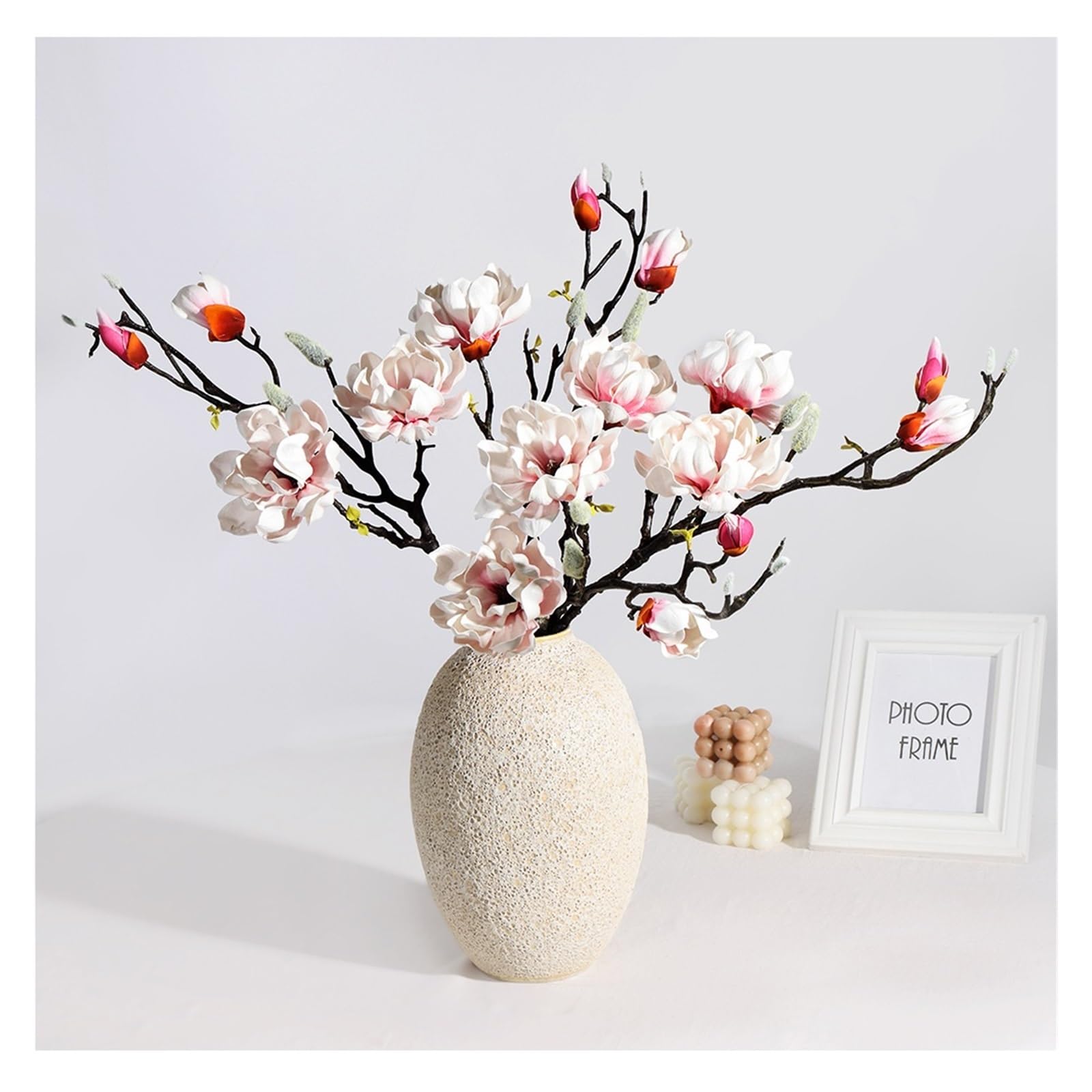 2 Stück künstliche Magnolienblütenzweige aus Latex, die Sich echt anfühlen, Yulan Magnolienstiel for Hochzeit, Zuhause, Blumendeko Kunstblumen(Blanc)