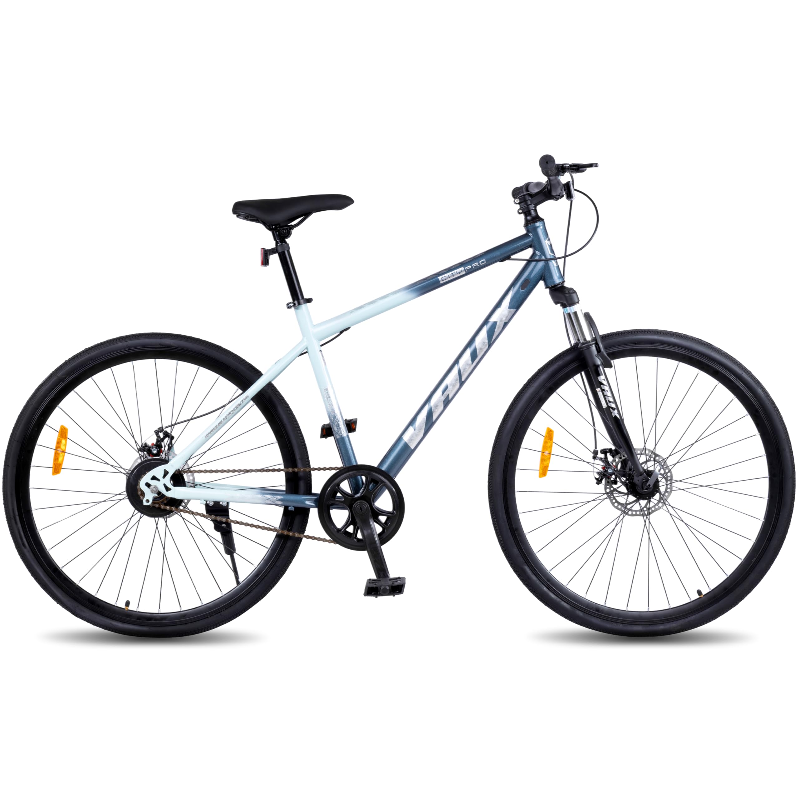 Vaux City-Pro 700C Hybrid Cycle for Men With Suspension Fork & Dual Disc Brakes, 19 Inch HI-Ten Steel Frame, 700x35C Tyres, Double-Wall Alloy Rims, City Bike(Nardo-Grey, Single Speed, Suspension Fork)-image-18