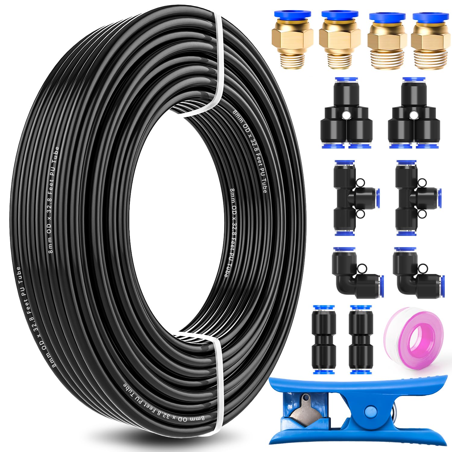 mxuteuk 5/16" Air Line Tubing Kit,5/16 Inch(8mm) OD x 32.8 Feet(10 Meter) Polyurethane PU Tube and 5/16 Inch OD Push to Connect Fittings