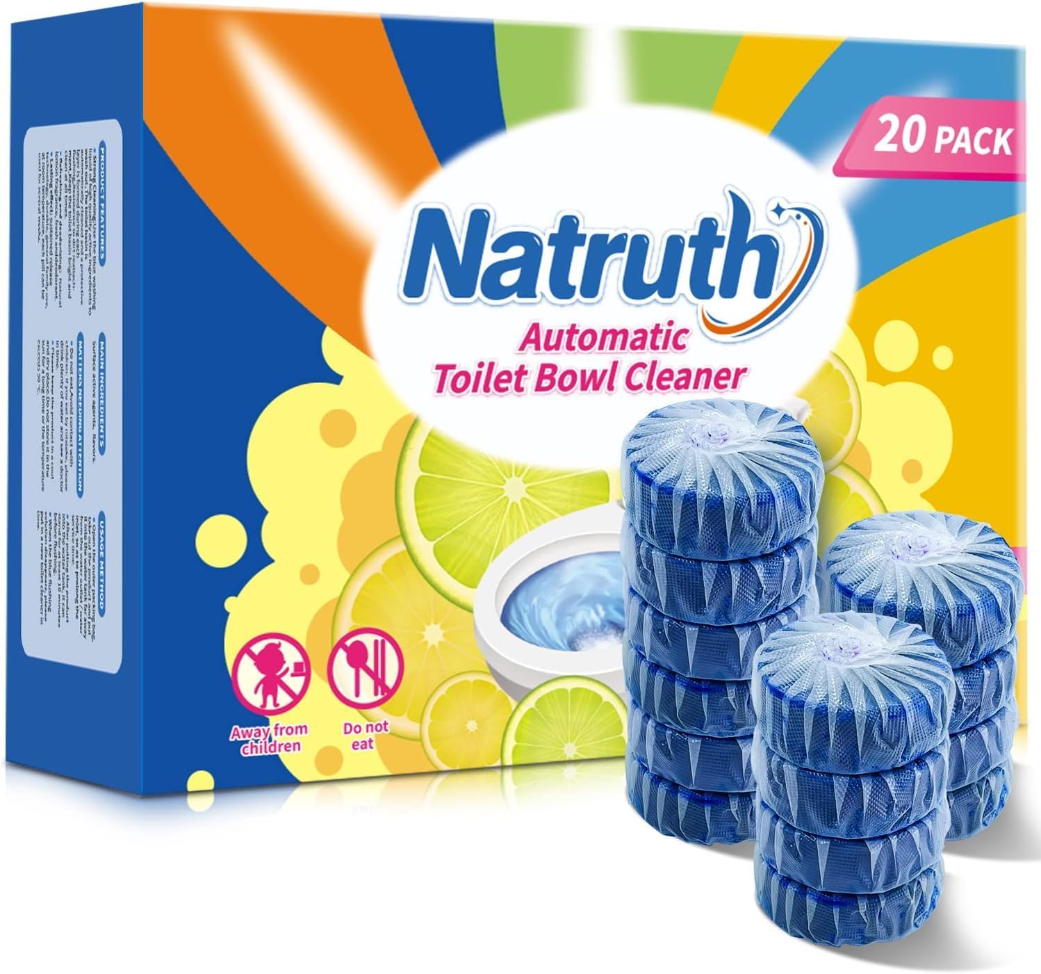 NATRUTH20PCS Automatic Toilet Bowl Cleaner,Toilet Cistern Blocks,Long-Lasting Bathroom Cleaner Tablets,Powerful Rim & Bowl Cleaning,Lemon Scent