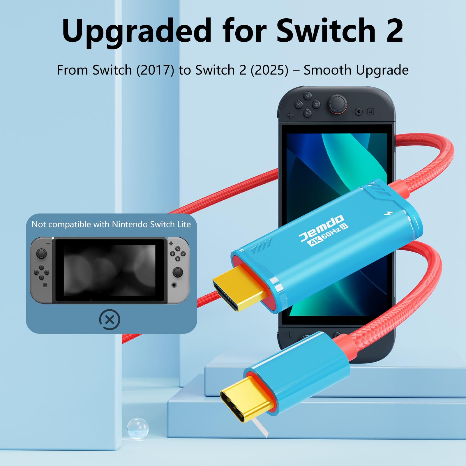 JEMDO Dock Switch 2 cavo HDMI base alluminio intrecciato, 4K 60Hz 18Gbps USB C 3.2 a HDMI 2.0 2m 100W PD, adattatore TV portatile compatibile con Switch 2 (versioni < V21.0.1)/2017/OLED – Blu