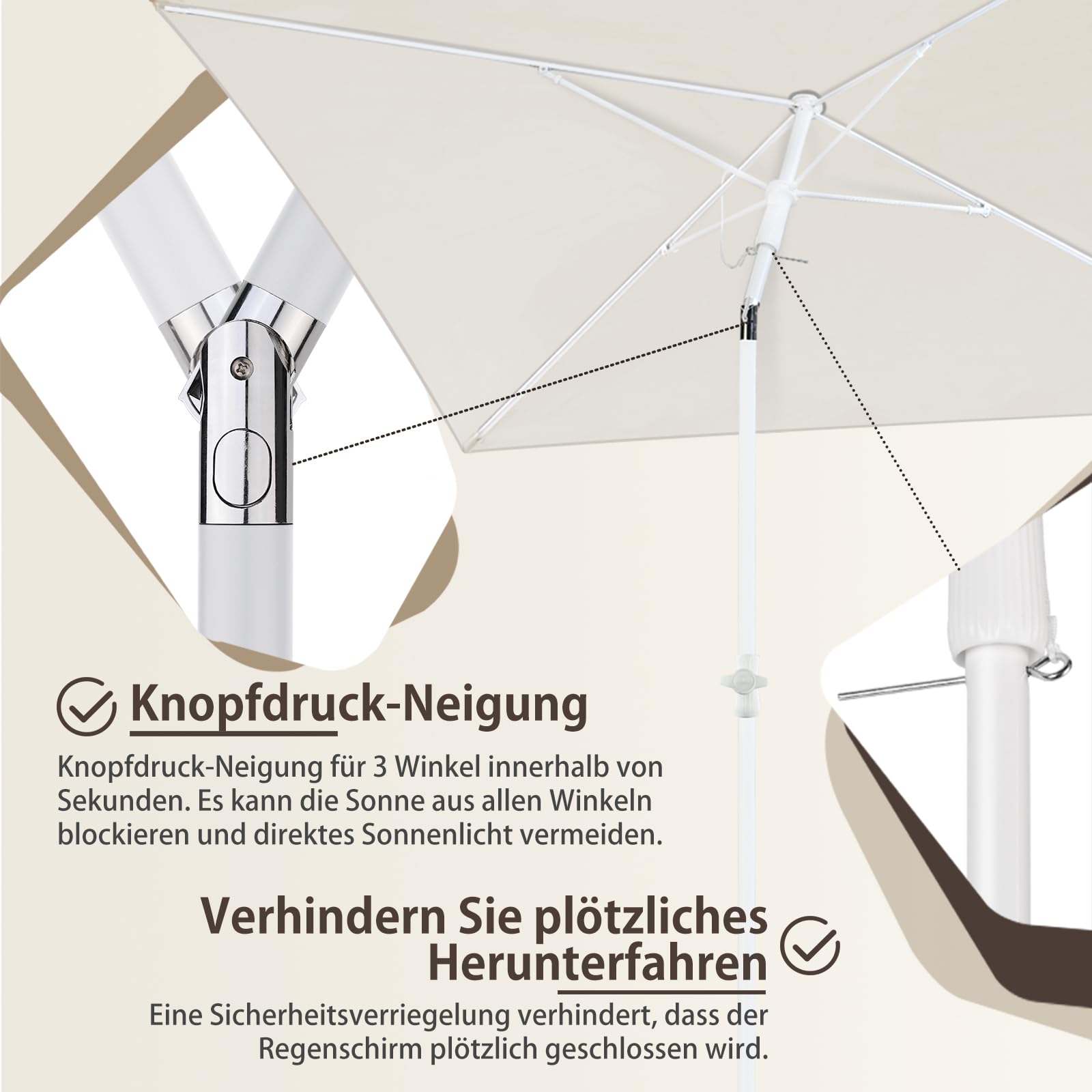 Sekey 180 × 125 cm Sonnenschirm mit Schutzhülle, Balkonschirm Gartenschirm Terrassenschirm, Sonnenschutz UPF50+, Kippbar, Höhenverstellbar, Rechteckig- Graubeige
