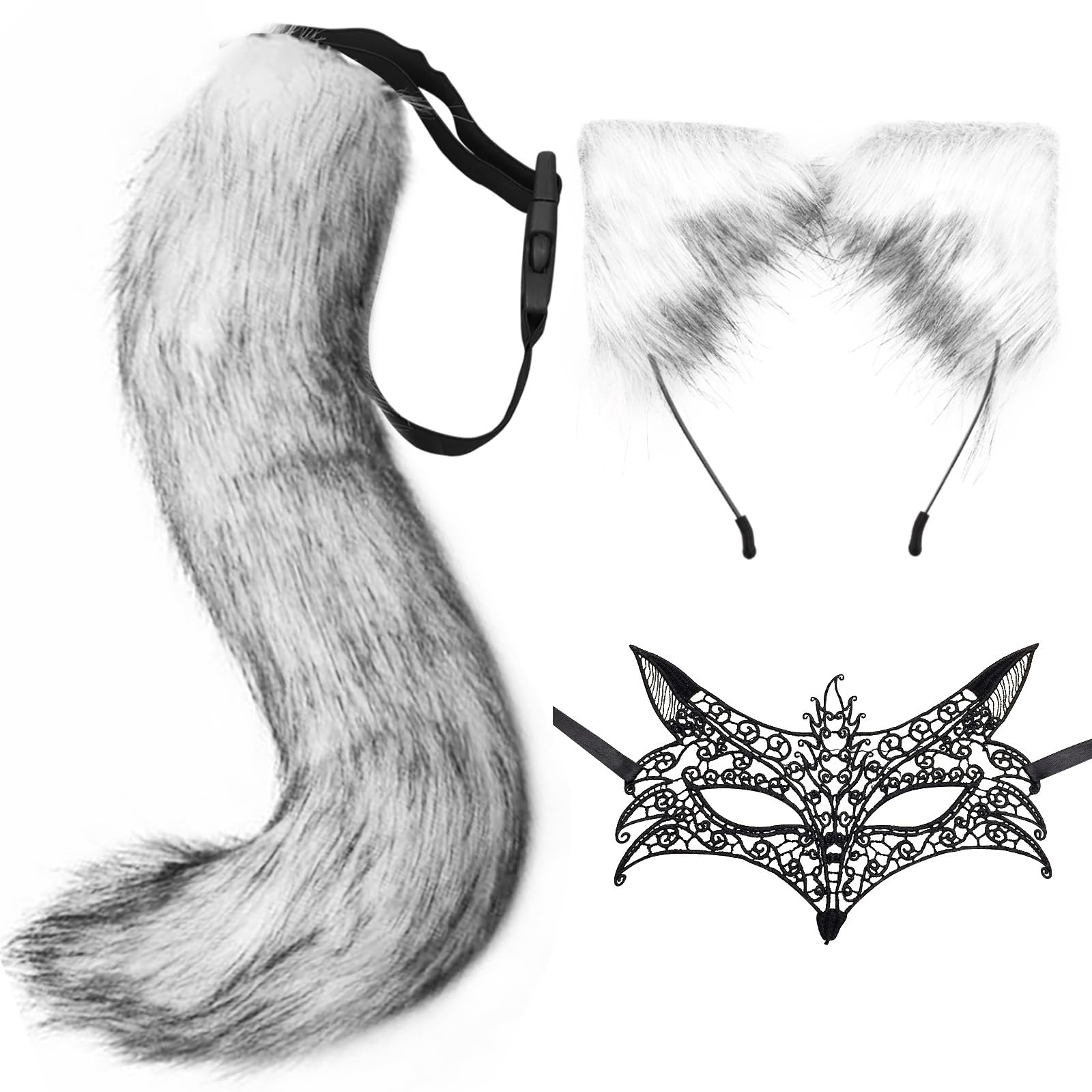DRESHOW Faux Fur Wolf Tail Cat Ears Headband Lace Masquerade Mask Set Wolf Fox Cosplay Costume Animal Dress Up Fancy Dress Accessories Halloween Role Play Party Costume