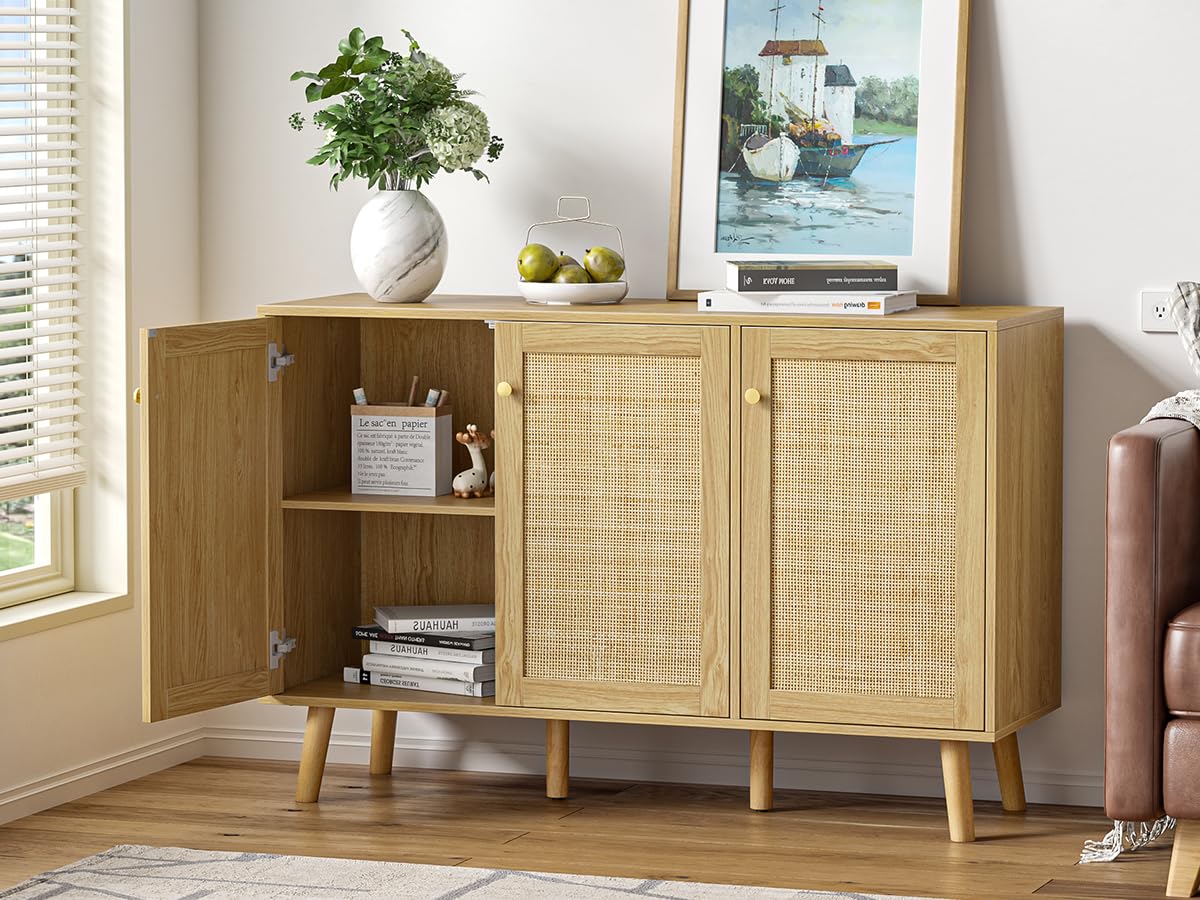 Credenza Cucina Rattan Mobile da Cucina con 3 Ante con Ripiano Regolabile