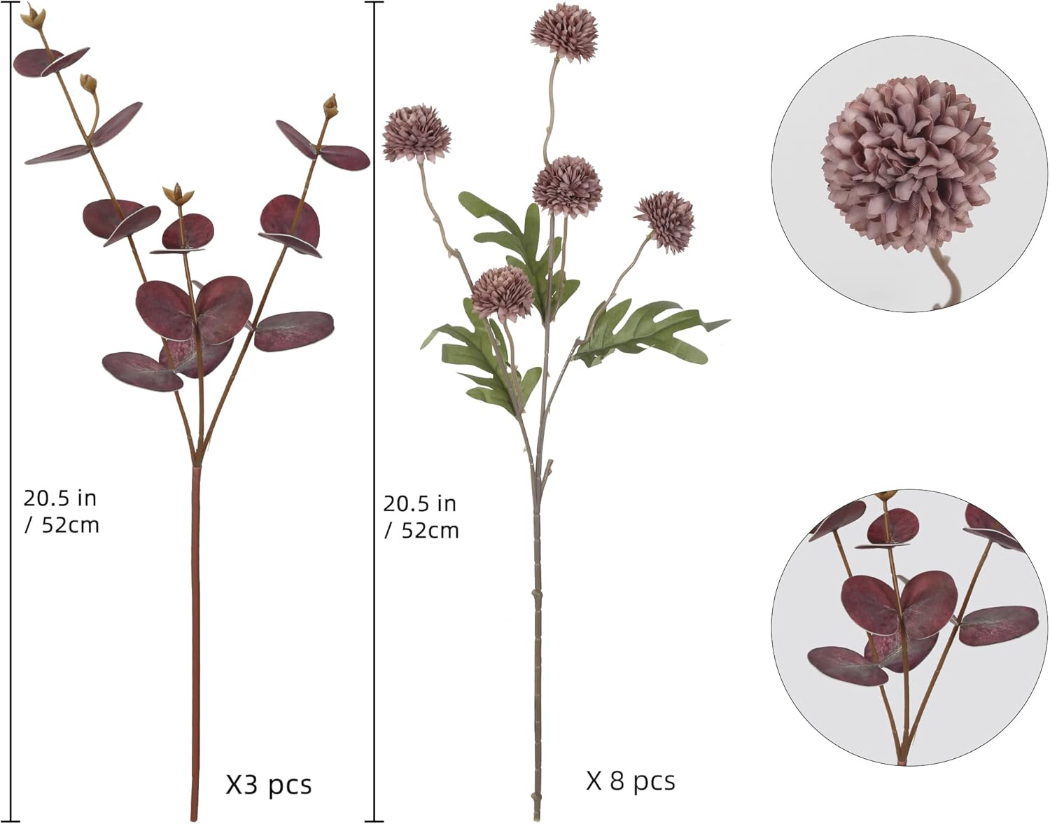 Faux Silk Pompom Mum Artificial Flowers,8 Stems Purple Fake Kiku Flower with 3 Branches Real Touch Eucalyptus Stems for Wedding Bouquet Home Party Floral Arrangements(Purple)