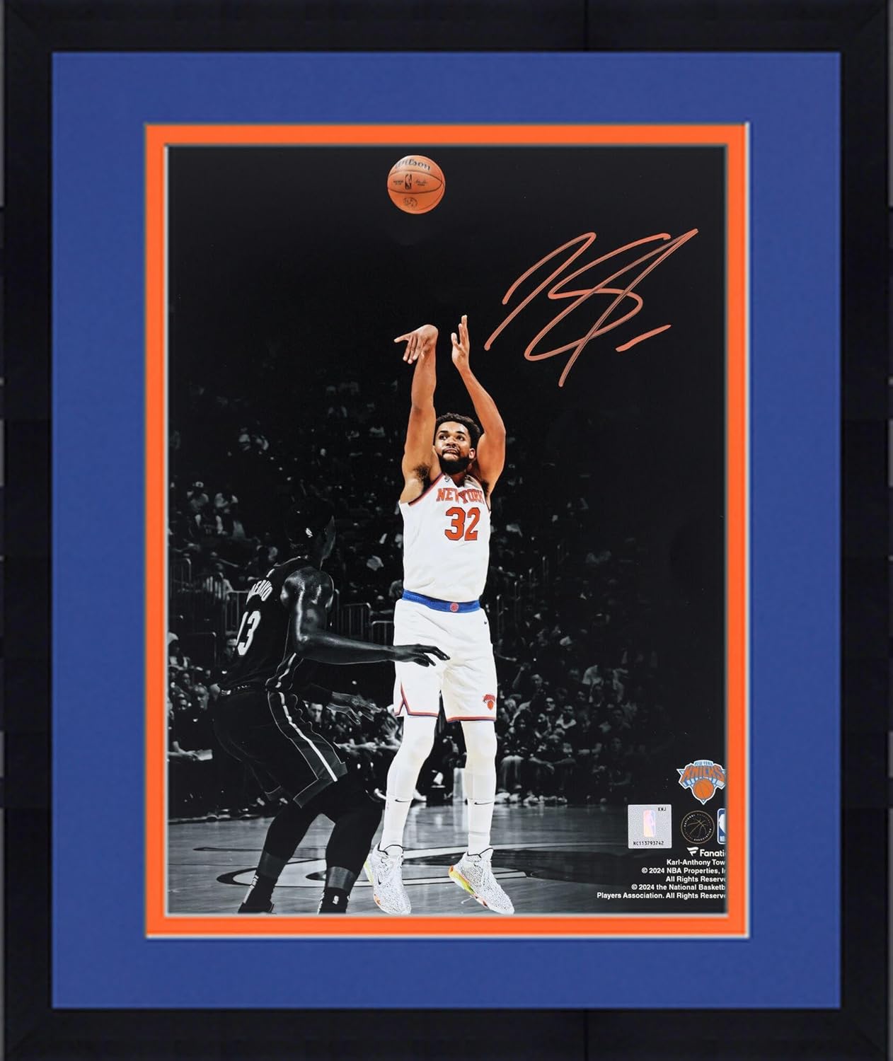Framed Karl-Anthony Towns New York Knicks Autographed 11" x 14" Shooting vs. Miami Heat Spotlight Photograph - Autographed NBA Photos