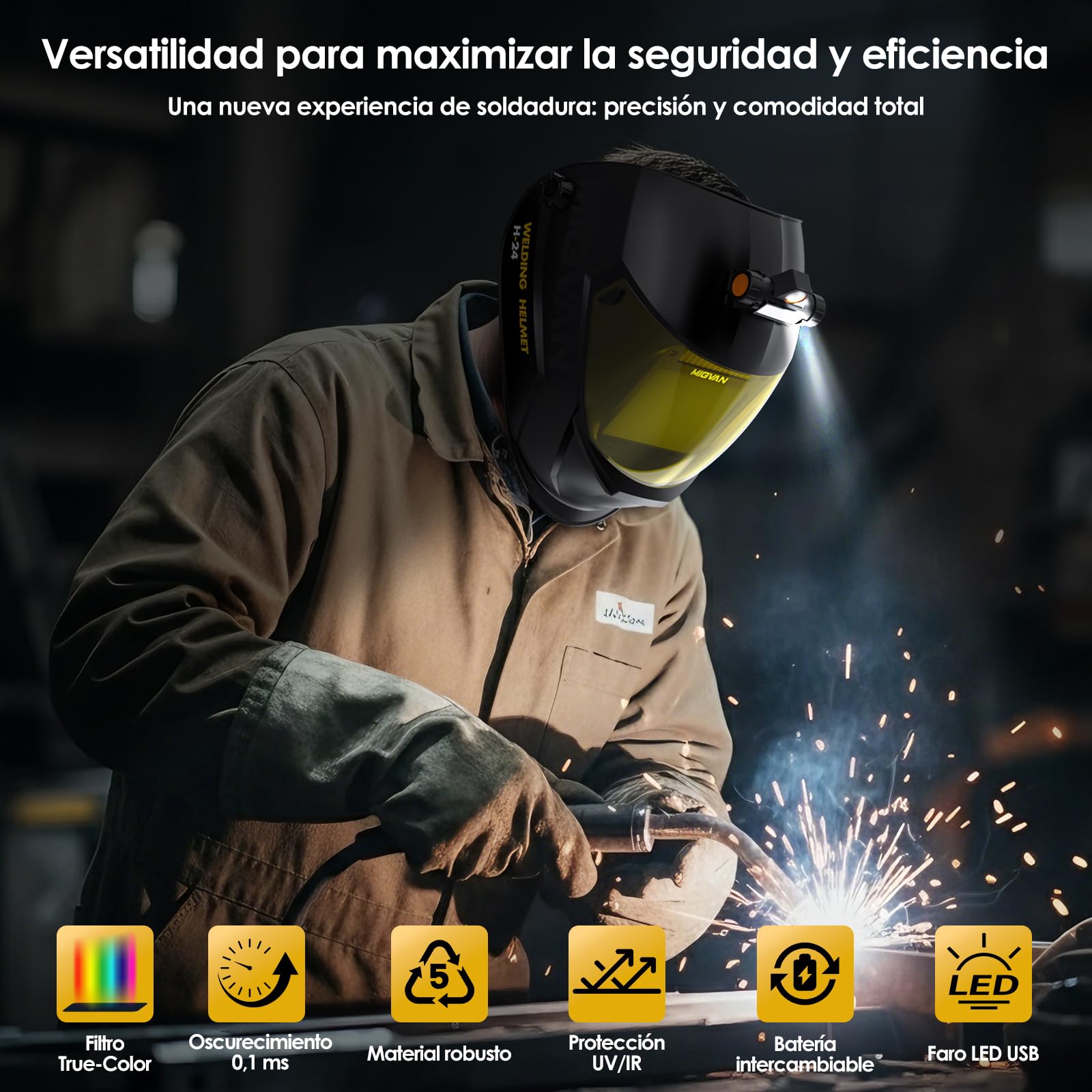 Careta de Soldar Automática con Luz LED Máscara Ultra-HD True-Color 100x82mm XL de Soldadura 0,1ms Solar para MIG TIG MMA y Esmerilado DIN 4/5-9/9-13 H-24