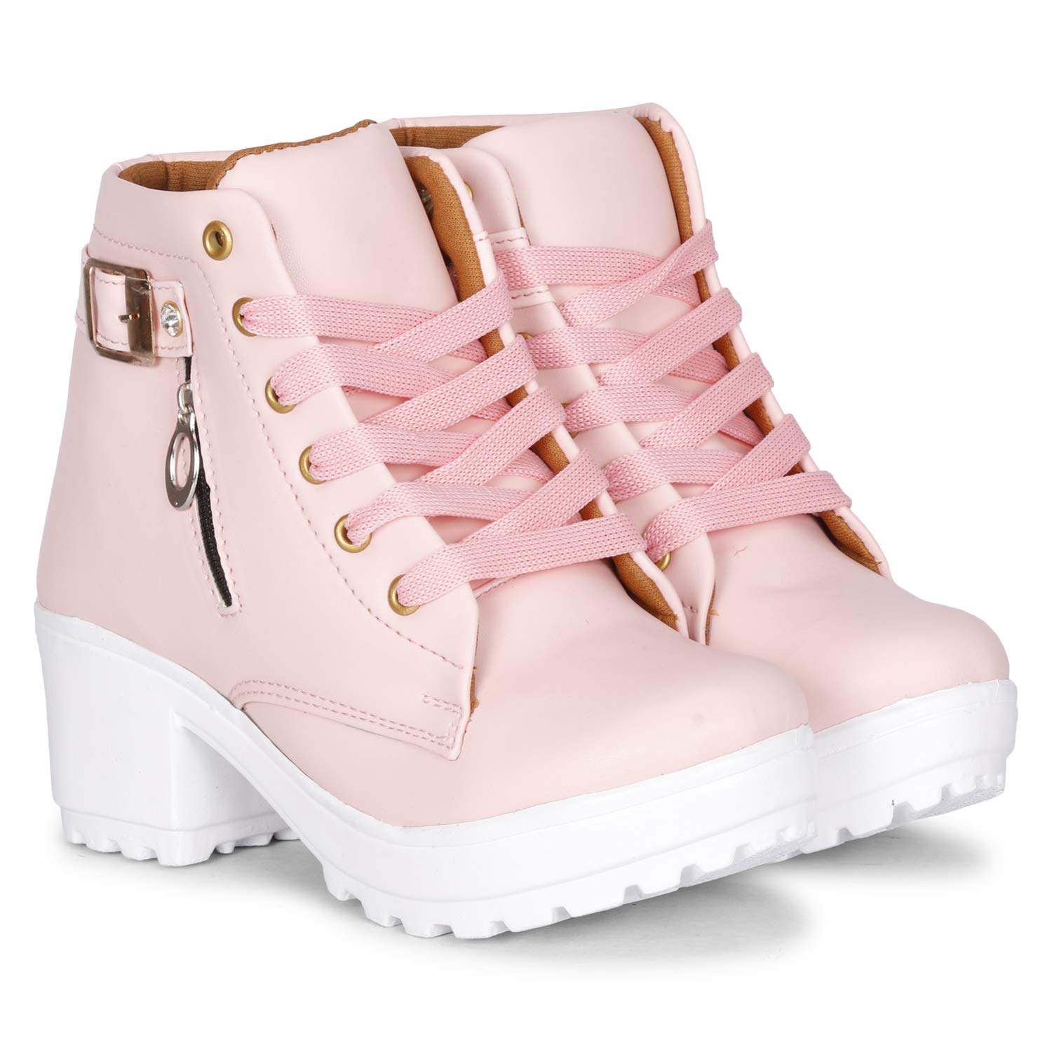 KRAFTER Women's Tan Buckle Boots – Stylish Faux Leather High Ankle Boots for Winter & Casual Wear – Comfortable & Durable