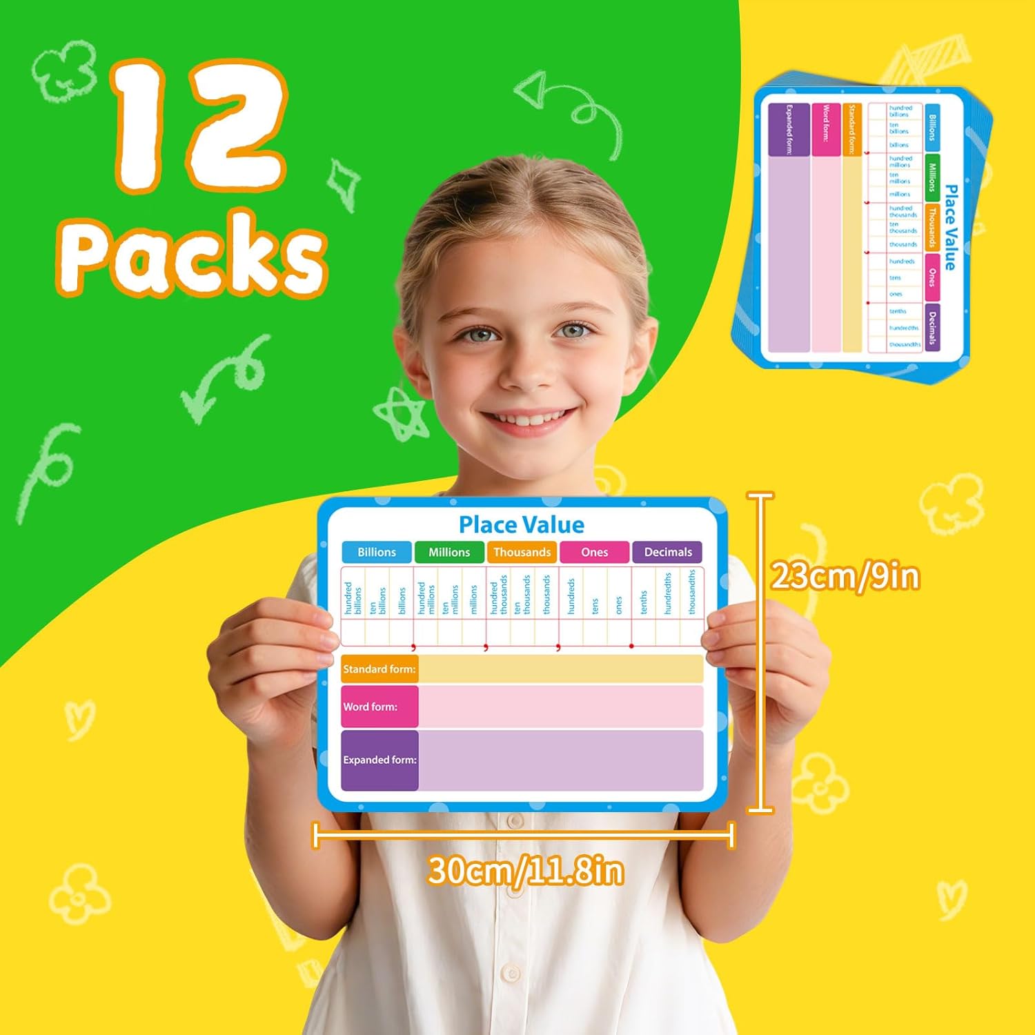12 Pack Double Sided Value Chart Dry Erase Board,12" x 9" Multiplication Flash Cards,Math Manipulatives Small White Board for Kids,Math Games Chart for Preschool Learning,Homeschool Essentials
