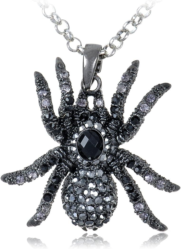 Alilang Synthetic Jet Black Czech Crystal Rhinestones Tarantula Spider Insect Bug Pendant Necklace