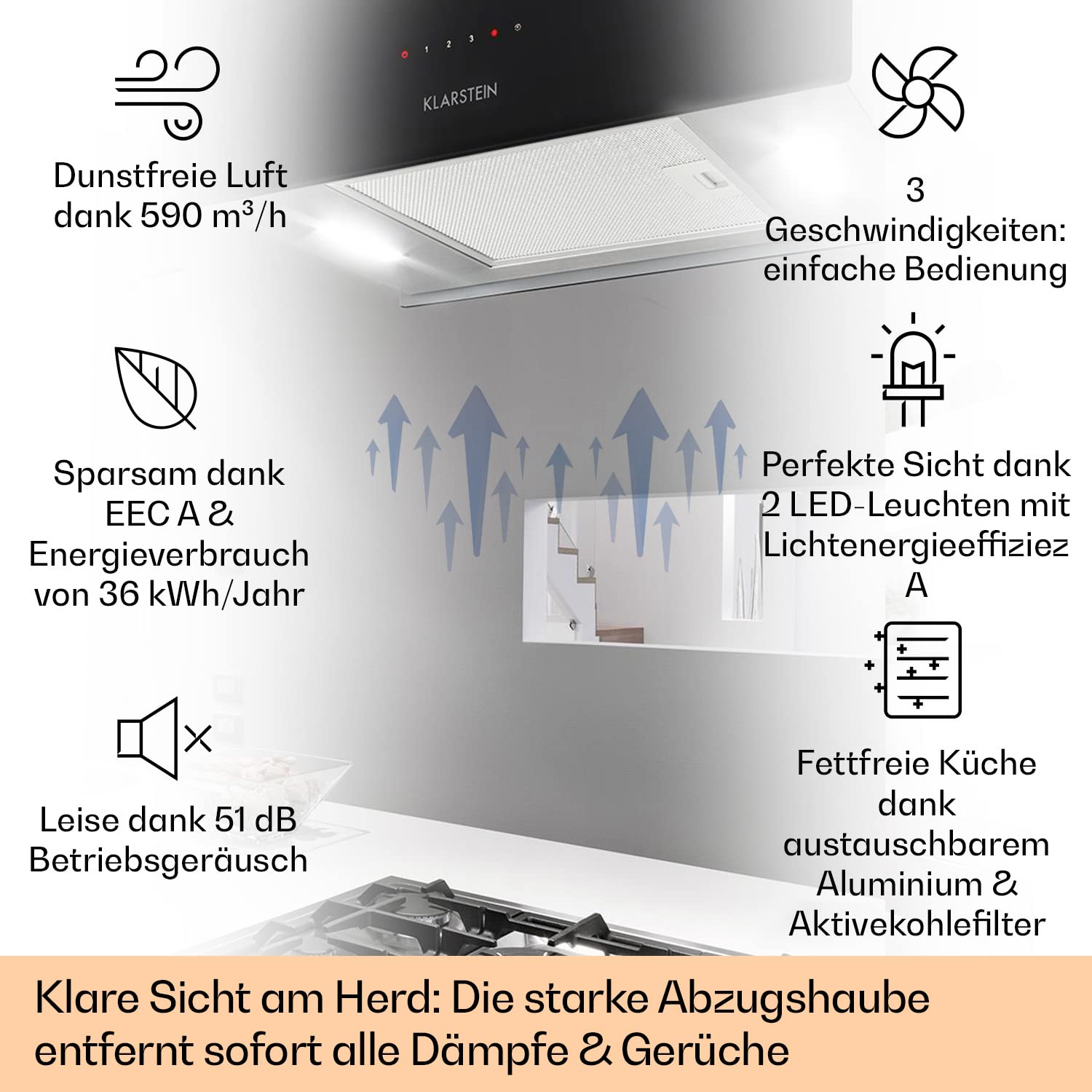 Klarstein Insel-Dunstabzugshaube 590m³/h Abluft/Umluft mit 3 Stufen Timer Aktivkohle-Filter
