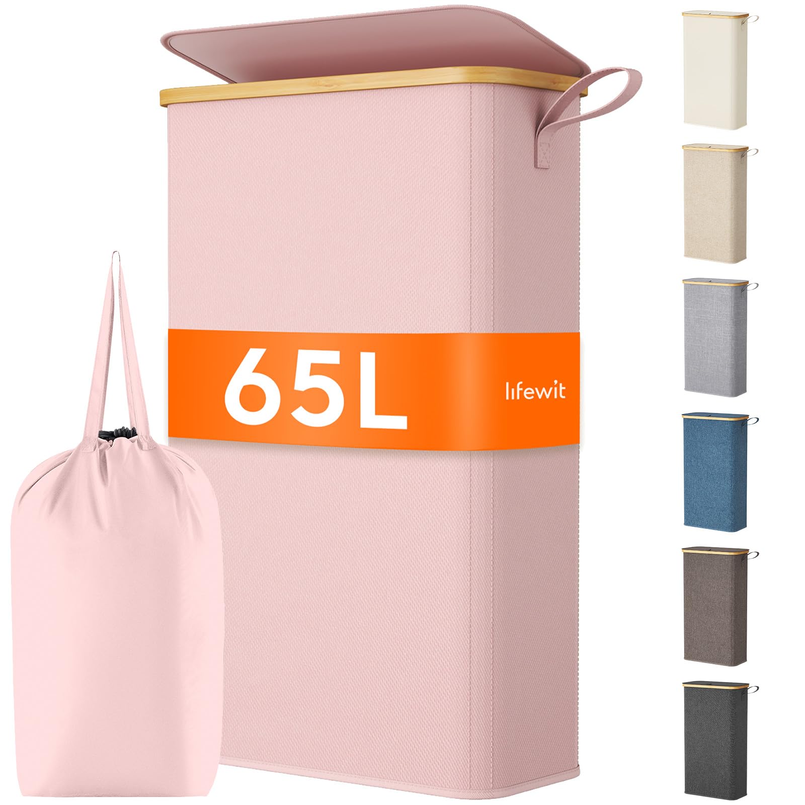 Lifewit 65L Slim Laundry Hamper with Lid, Narrow Laundry Basket with Removable Bag & Bamboo Handles, Fodable Thin Dirty Clothes Hamper for Laundry Collapsible Bin for Bathroom Bedroom Dorm, Pink