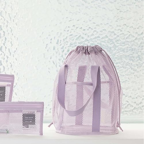 Miniatura 3 de Neceser de malla con diseño de cordón, organizador de ducha de malla de mano, plegable, ligera, para viajes, Púrpura claro