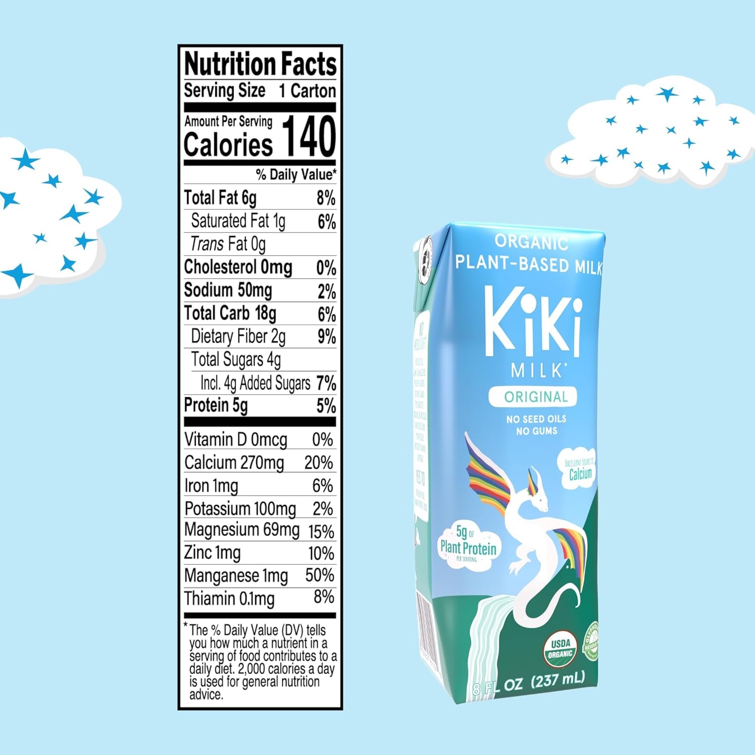 Kiki Milk Plant Based Milk Original 8oz and Reusable Straw Bundle - Calcium & Magnesium Source - Gluten Free, Gum Free, GMO Free, Dairy Free, Soy Free, Glyphosate Free