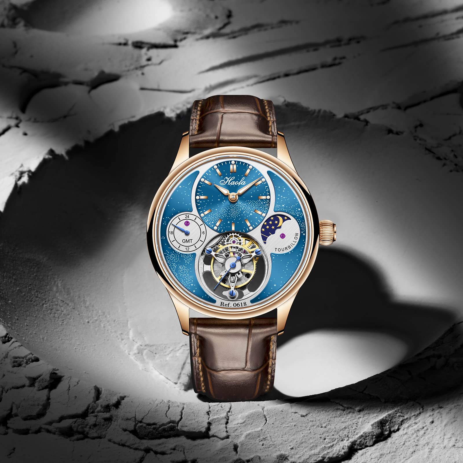 Haofa GMT Tourbillon-Uhr für Herren, Mondphase, Sternenhimmel, Zifferblatt, manuelle mechanische Uhr, Saphir, Leuchtend, wasserdicht, Luxus, Business, formelle Herrenuhr 0618